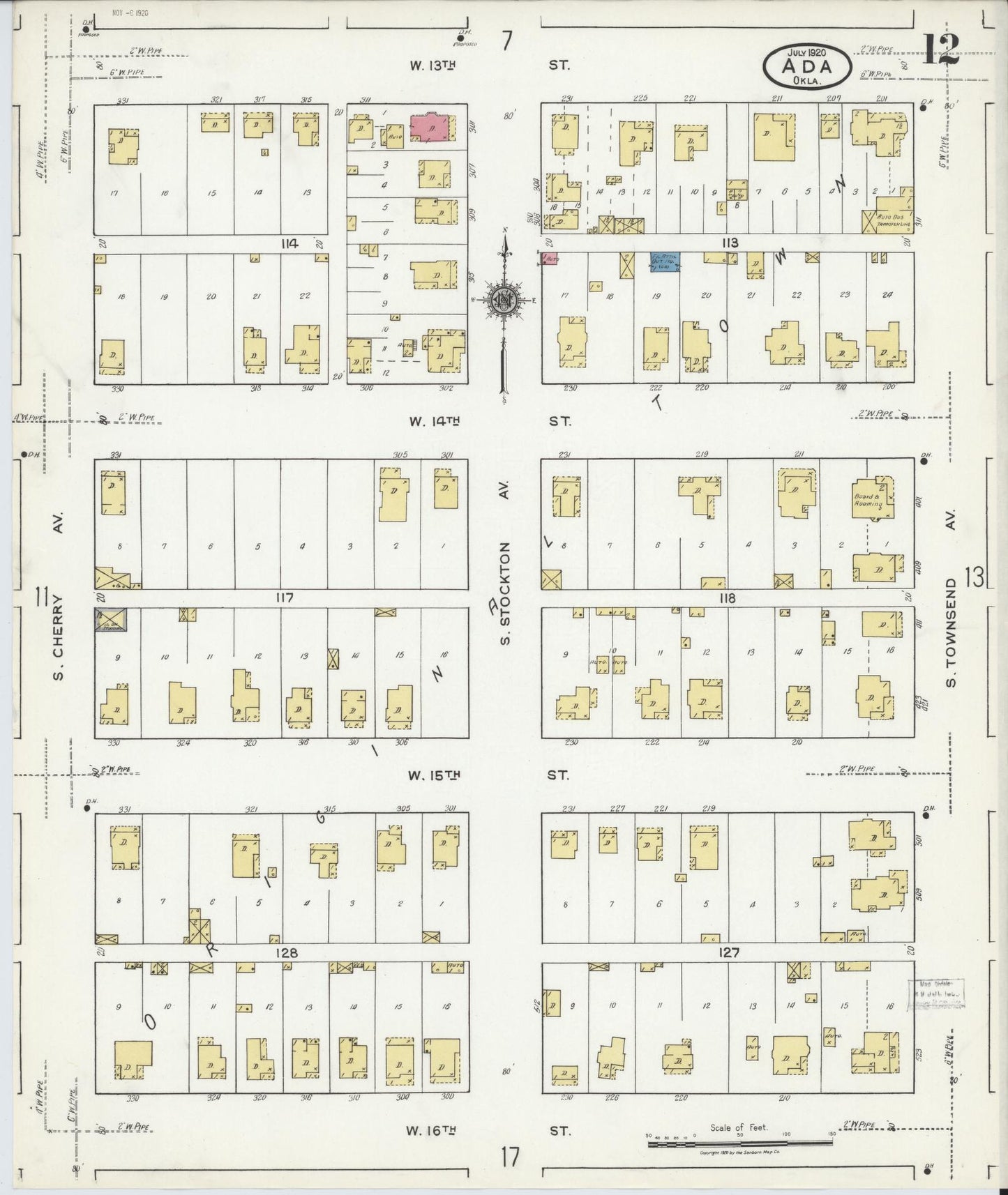 Sanborn Fire Insurance Map from Ada, Pontotoc County, Oklahoma (1920), Sheet #0012 - Historic Sanborn Fire Insurance Map Print, vintage old map wall art, antique decor, genealogy gift, Oklahoma Oklahoma map
