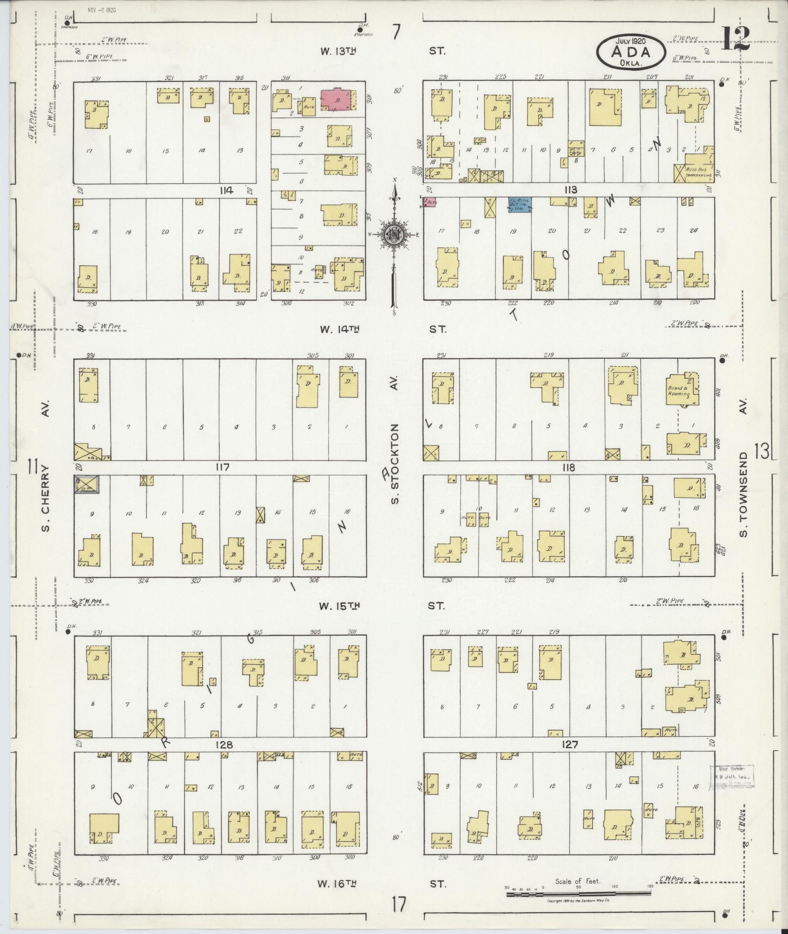 Sanborn Fire Insurance Map from Ada, Pontotoc County, Oklahoma (1920), Sheet #0012 - Historic Sanborn Fire Insurance Map Print, vintage old map wall art, antique decor, genealogy gift, Oklahoma Oklahoma map