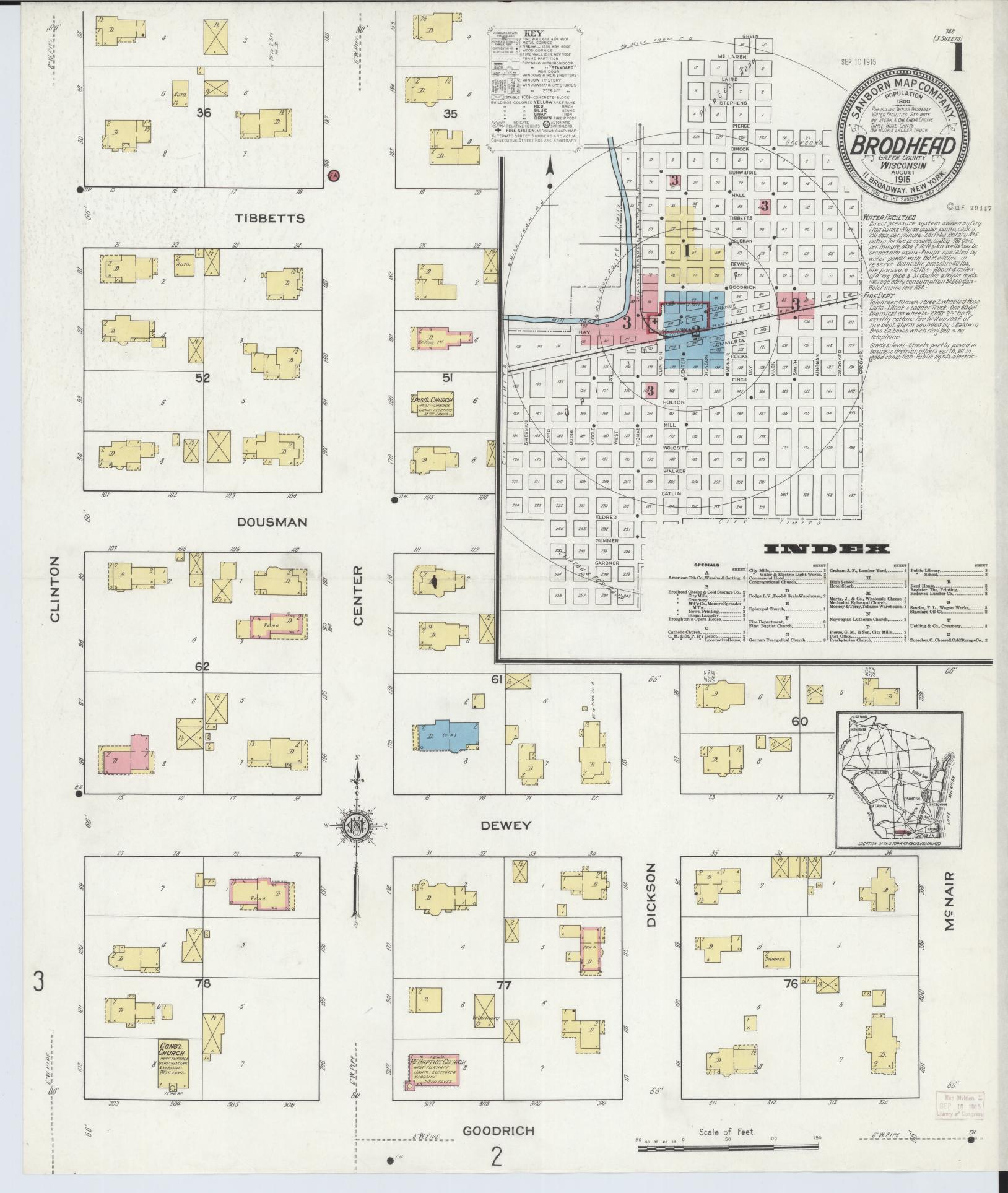 Sanborn Fire Insurance Map from Brodhead, Green County, Wisconsin (1915), Sheet #0001 - Complete Map Set gallery image, historic Sanborn map, vintage wall art, Wisconsin Wisconsin