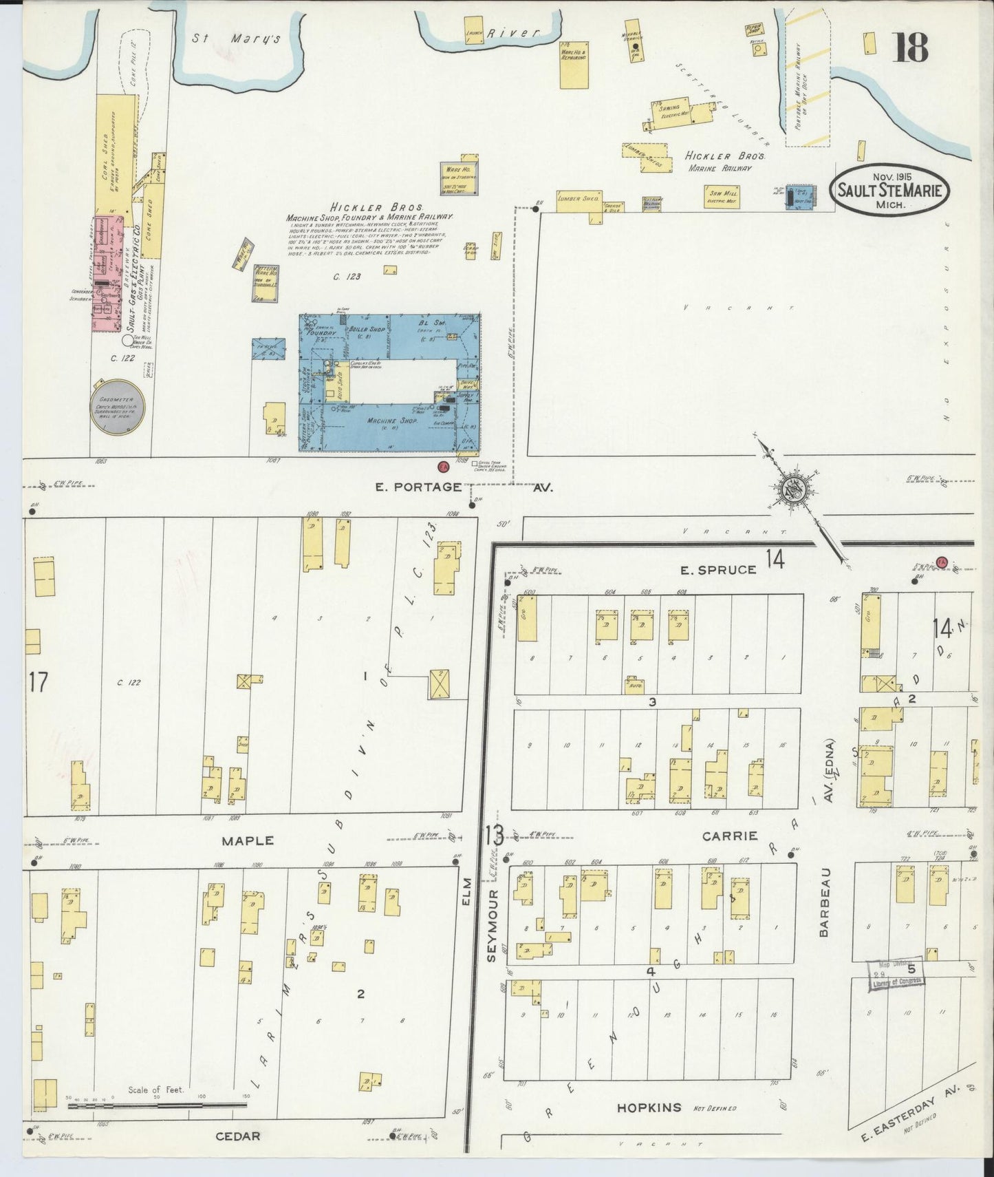 Sanborn Fire Insurance Map from Sault Sainte Marie, Chippewa County, Michigan (1915), Sheet #0018 - Complete Map Set gallery image, historic Sanborn map, vintage wall art, Michigan Michigan