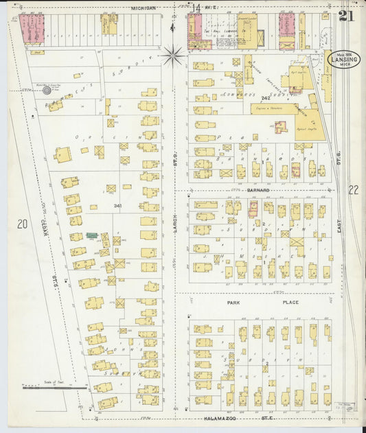 Sanborn Fire Insurance Map from Lansing, Ingham County, Michigan (1906), Sheet #0021 - Historic Sanborn Fire Insurance Map Print, vintage old map wall art, antique decor, genealogy gift, Michigan Michigan map