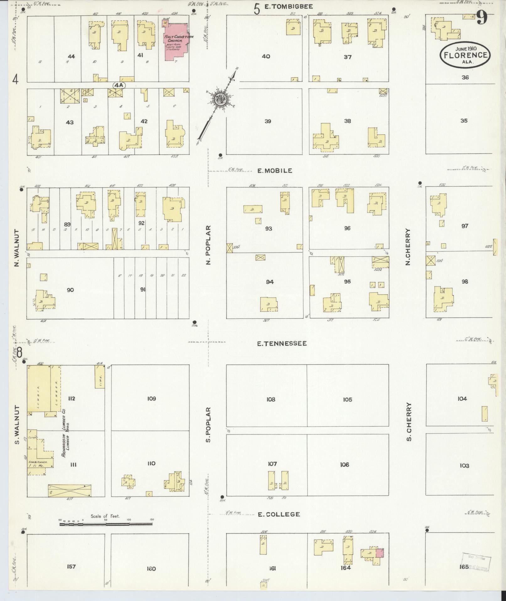 Sanborn Fire Insurance Map from Florence, Lauderdale County, Alabama (1910), Sheet #0009 - Historic Sanborn Fire Insurance Map Print, vintage old map wall art, antique decor, genealogy gift, Alabama Alabama map