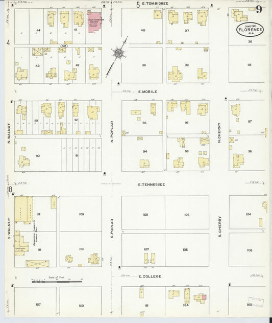 Sanborn Fire Insurance Map from Florence, Lauderdale County, Alabama (1910), Sheet #0009 - Historic Sanborn Fire Insurance Map Print, vintage old map wall art, antique decor, genealogy gift, Alabama Alabama map