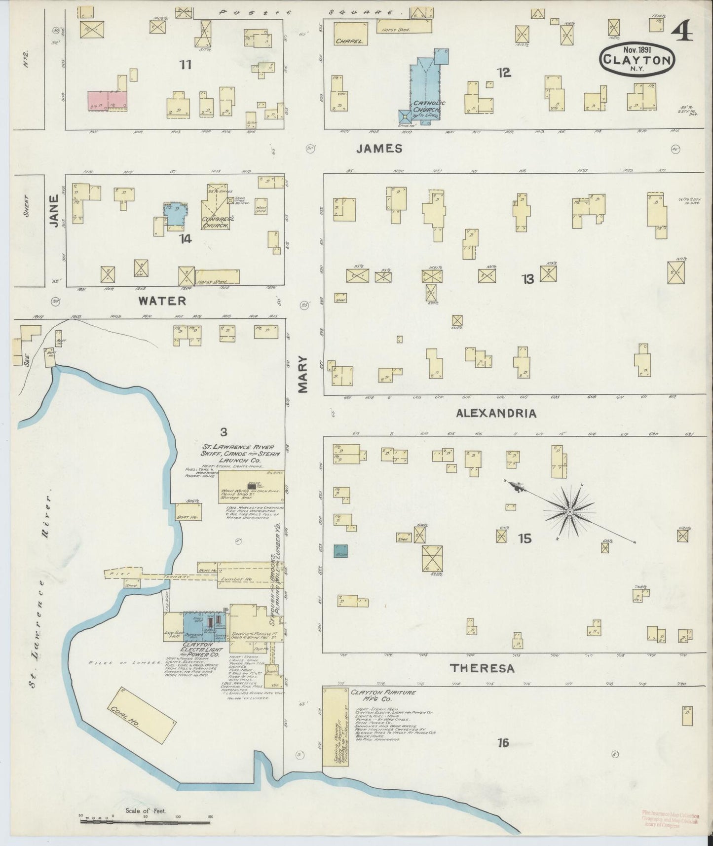 Sanborn Fire Insurance Map from Clayton, Jefferson County, New York (1891), Sheet #0004 - Complete Map Set gallery image, historic Sanborn map, vintage wall art, New York New York