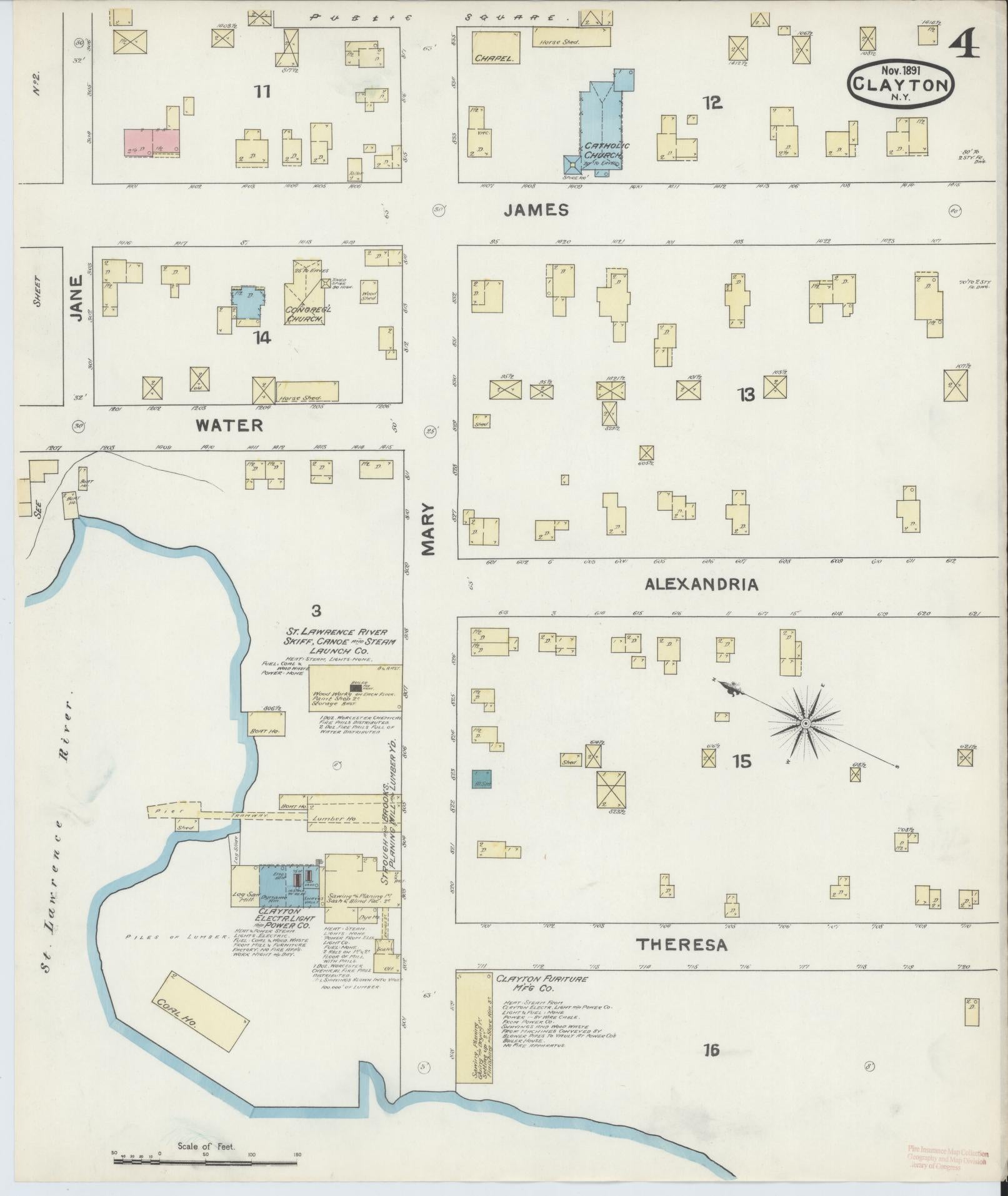 Sanborn Fire Insurance Map from Clayton, Jefferson County, New York (1891), Sheet #0004 - Complete Map Set gallery image, historic Sanborn map, vintage wall art, New York New York