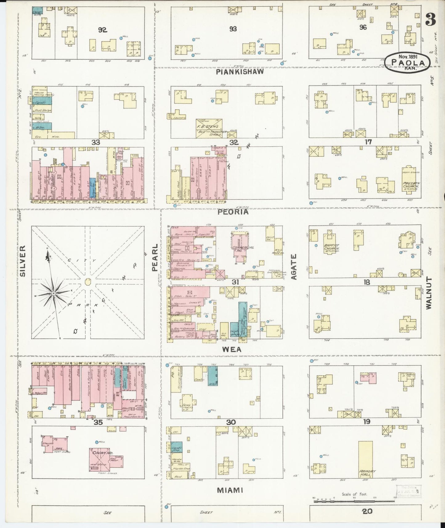 Sanborn Fire Insurance Map from Paola, Miami County, Kansas (1891), Sheet #0003 - Historic Sanborn Fire Insurance Map Print, vintage old map wall art, antique decor, genealogy gift, Kansas Kansas map