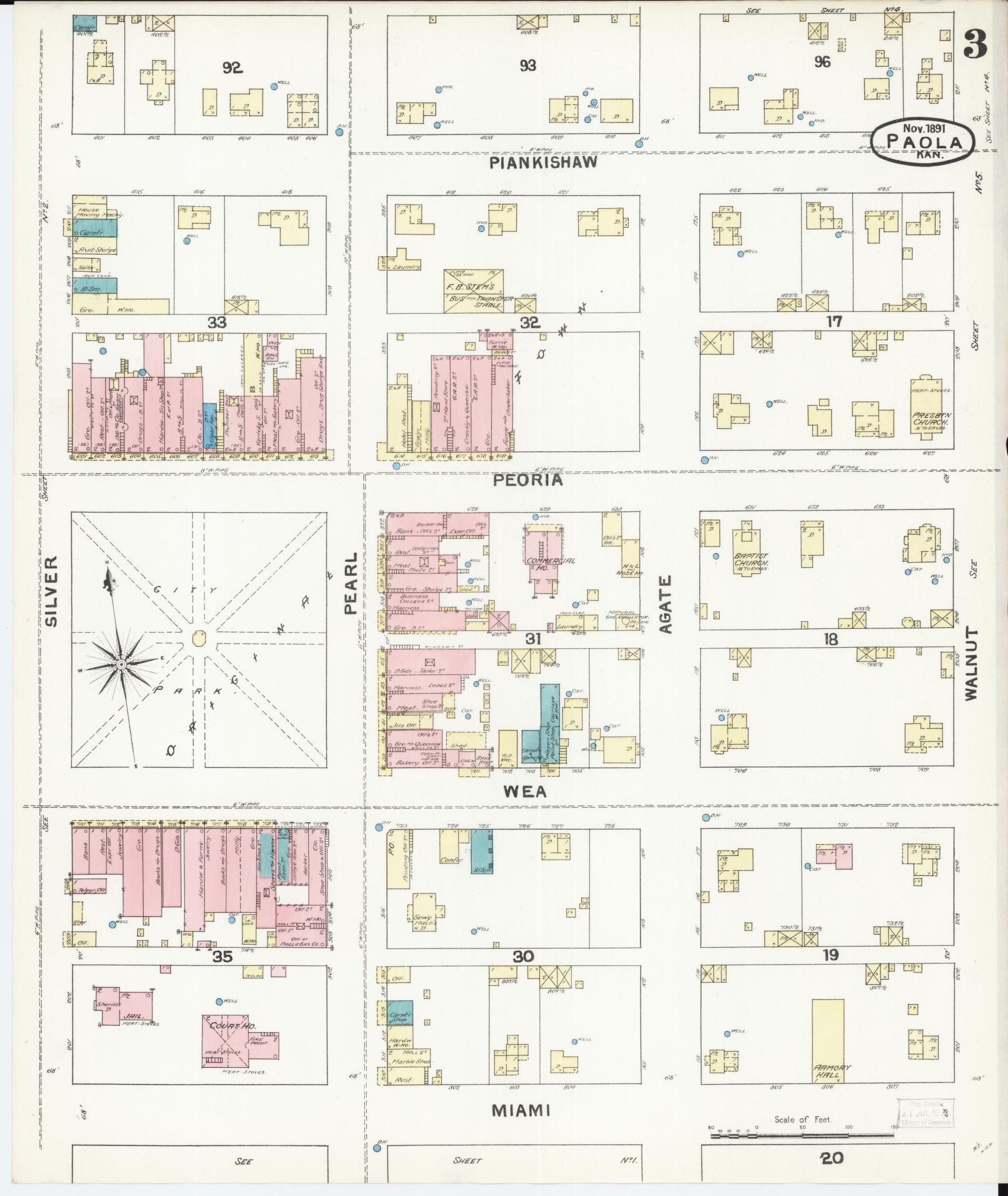 Sanborn Fire Insurance Map from Paola, Miami County, Kansas (1891), Sheet #0003 - Historic Sanborn Fire Insurance Map Print, vintage old map wall art, antique decor, genealogy gift, Kansas Kansas map
