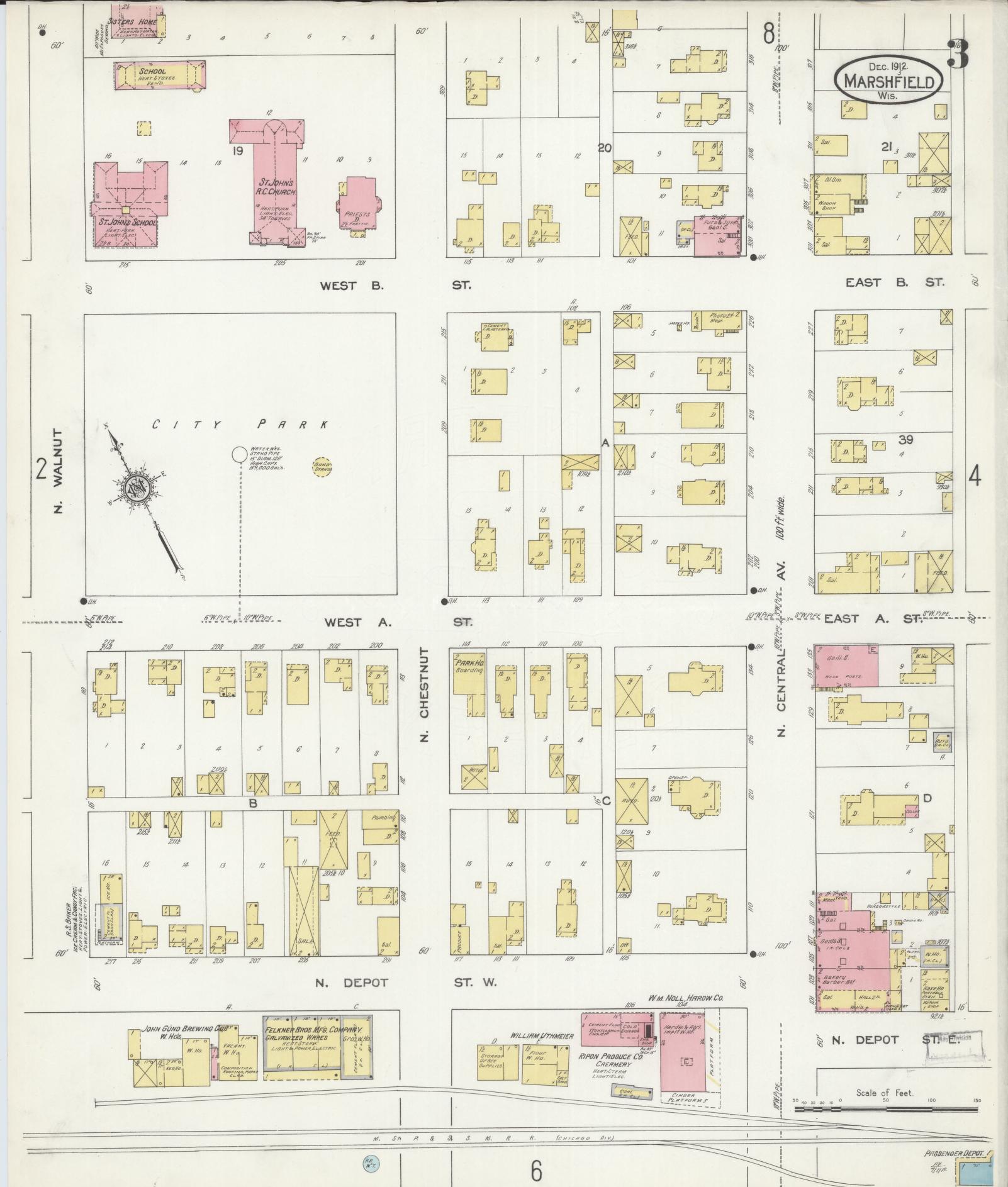 Sanborn Fire Insurance Map from Marshfield, Wood County, Wisconsin (1912), Sheet #0003 - Historic Sanborn Fire Insurance Map Print, vintage old map wall art, antique decor, genealogy gift, Wisconsin Wisconsin map