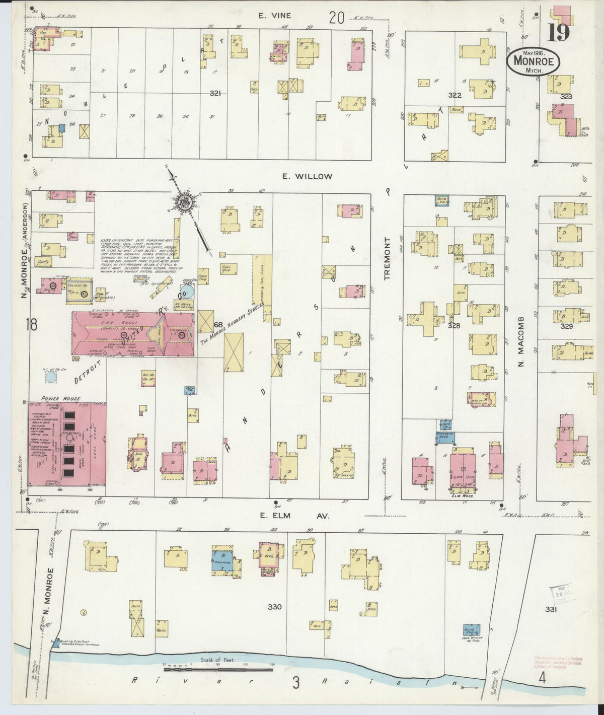 Sanborn Fire Insurance Map from Monroe, Monroe County, Michigan (1916), Sheet #0019 - Historic Sanborn Fire Insurance Map Print, vintage old map wall art, antique decor, genealogy gift, Michigan Michigan map