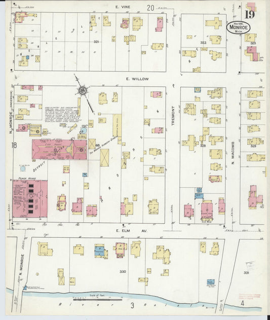 Sanborn Fire Insurance Map from Monroe, Monroe County, Michigan (1916), Sheet #0019 - Historic Sanborn Fire Insurance Map Print, vintage old map wall art, antique decor, genealogy gift, Michigan Michigan map