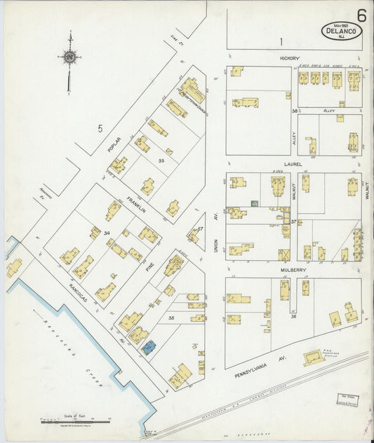 Sanborn Fire Insurance Map from Delanco, Burlington County, New Jersey (1921), Sheet #0006 - Historic Sanborn Fire Insurance Map Print, vintage old map wall art, antique decor, genealogy gift, New Jersey New Jersey map