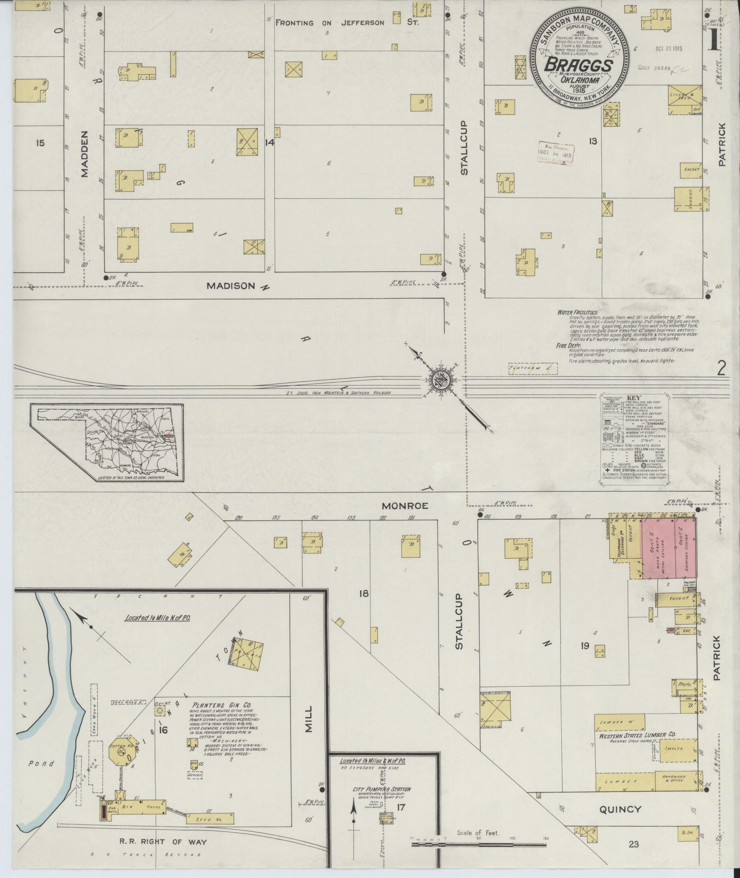 Sanborn Fire Insurance Map from Braggs, Muskogee County, Oklahoma (1915), Sheet #0001 - Complete Map Set gallery image, historic Sanborn map, vintage wall art, Oklahoma Oklahoma