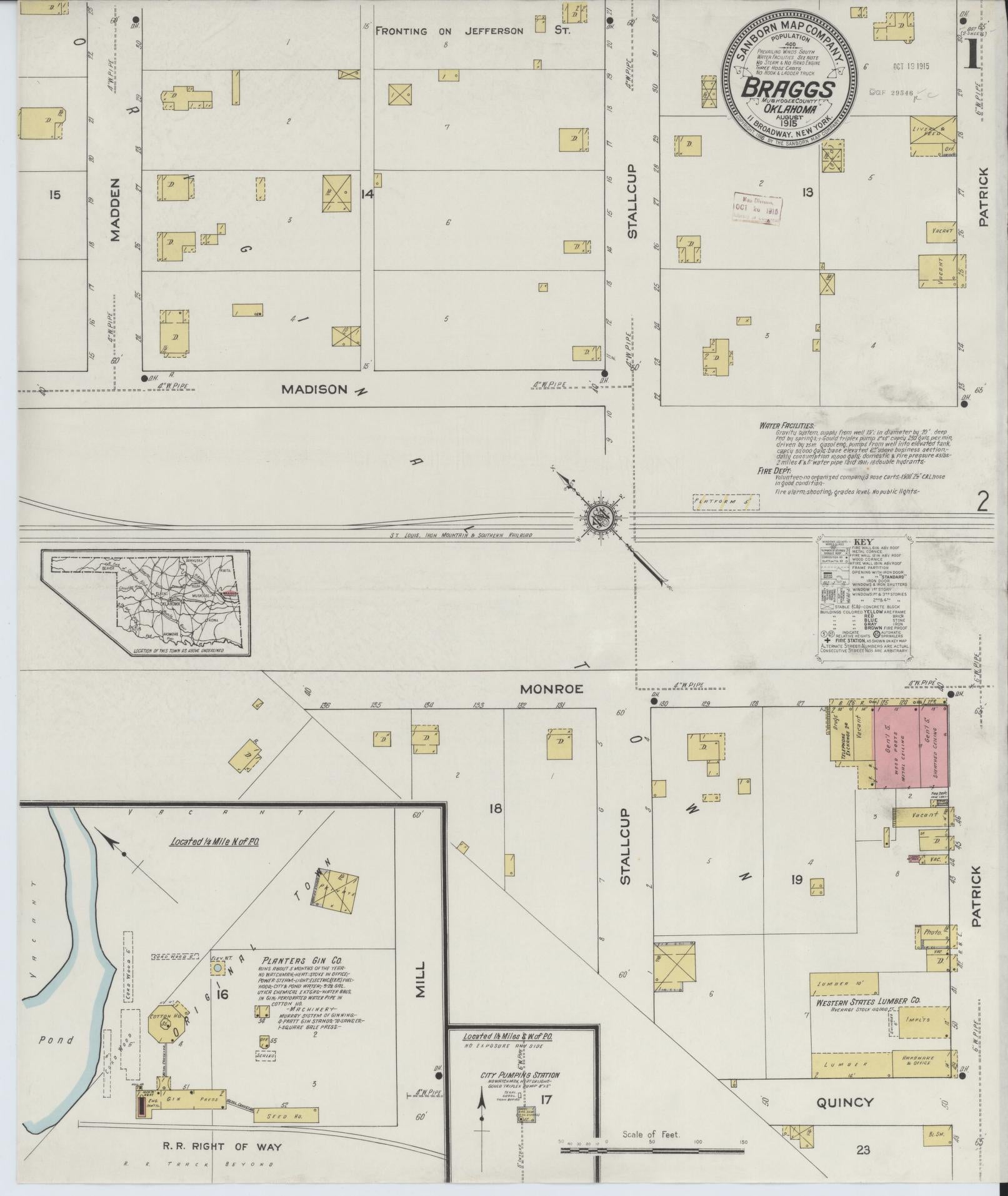 Sanborn Fire Insurance Map from Braggs, Muskogee County, Oklahoma (1915), Sheet #0001 - Complete Map Set gallery image, historic Sanborn map, vintage wall art, Oklahoma Oklahoma