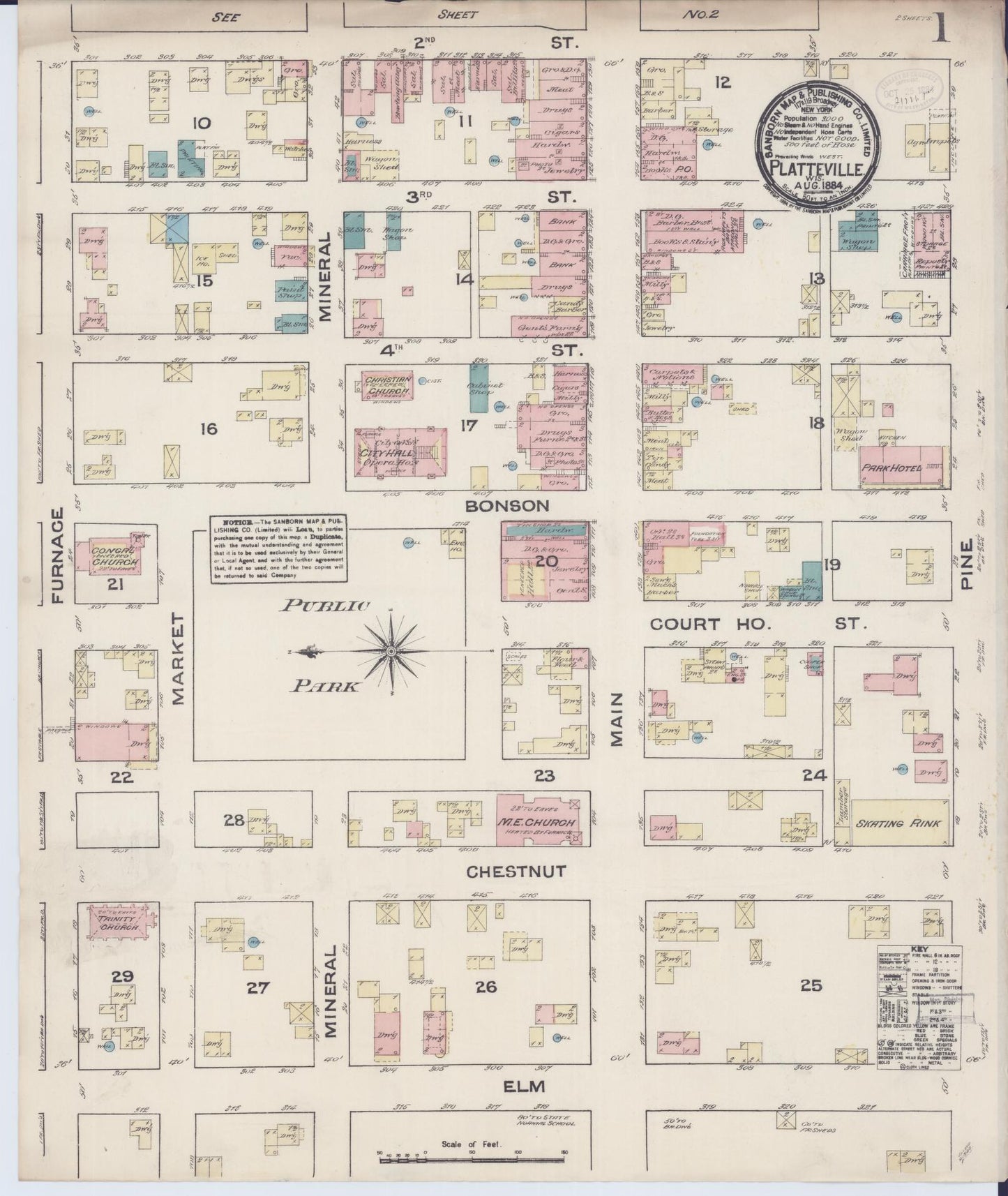 Sanborn Fire Insurance Map from Platteville, Grant County, Wisconsin (1884), Sheet #0001 - Historic Sanborn Fire Insurance Map Print, vintage old map wall art, antique decor, genealogy gift, Wisconsin Wisconsin map