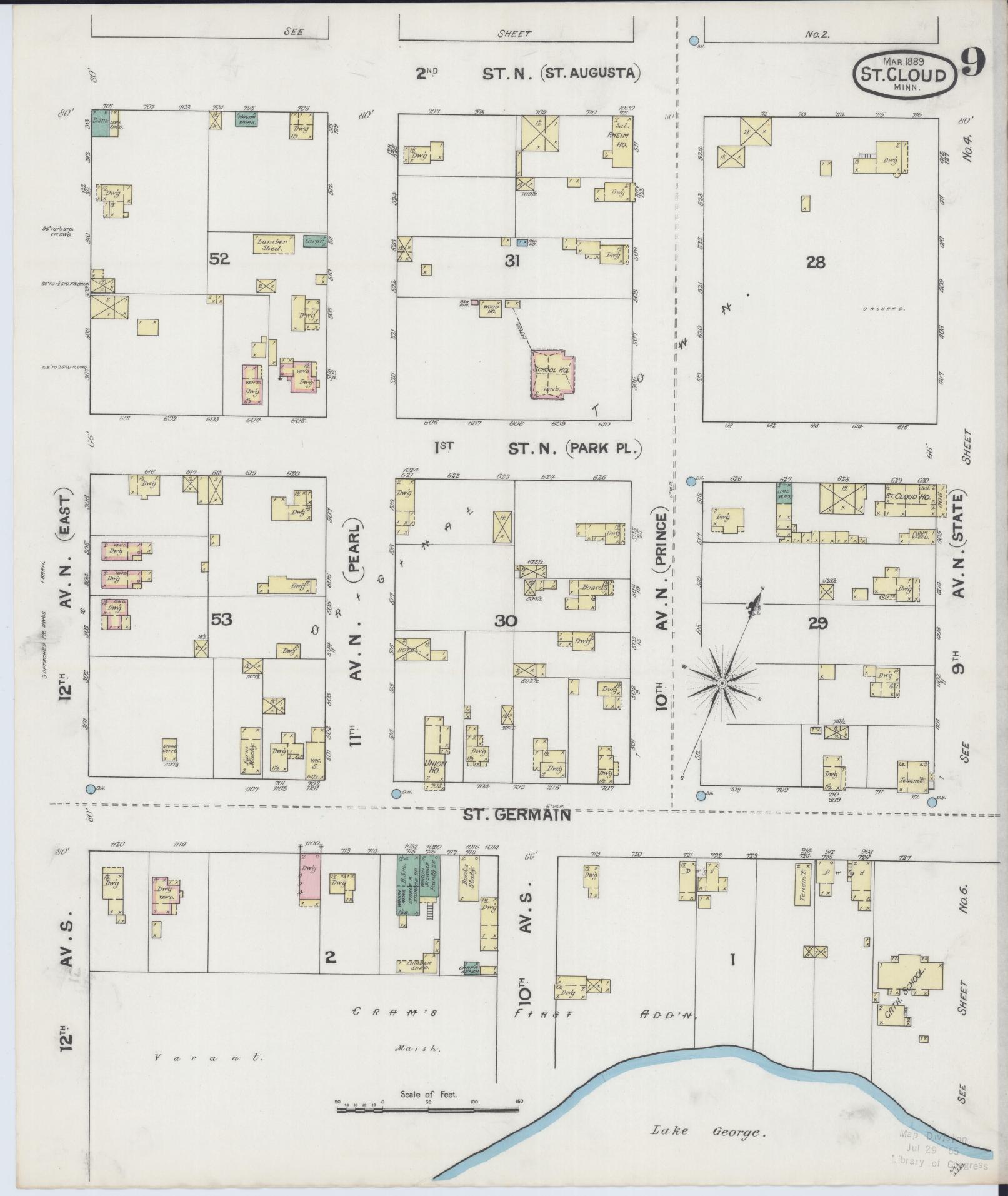 Sanborn Fire Insurance Map from Saint Cloud, Stearns, Benton, and Sherburne Counties, Minnesota (1889), Sheet #0009 - Historic Sanborn Fire Insurance Map Print, vintage old map wall art, antique decor, genealogy gift, Minnesota Minnesota map