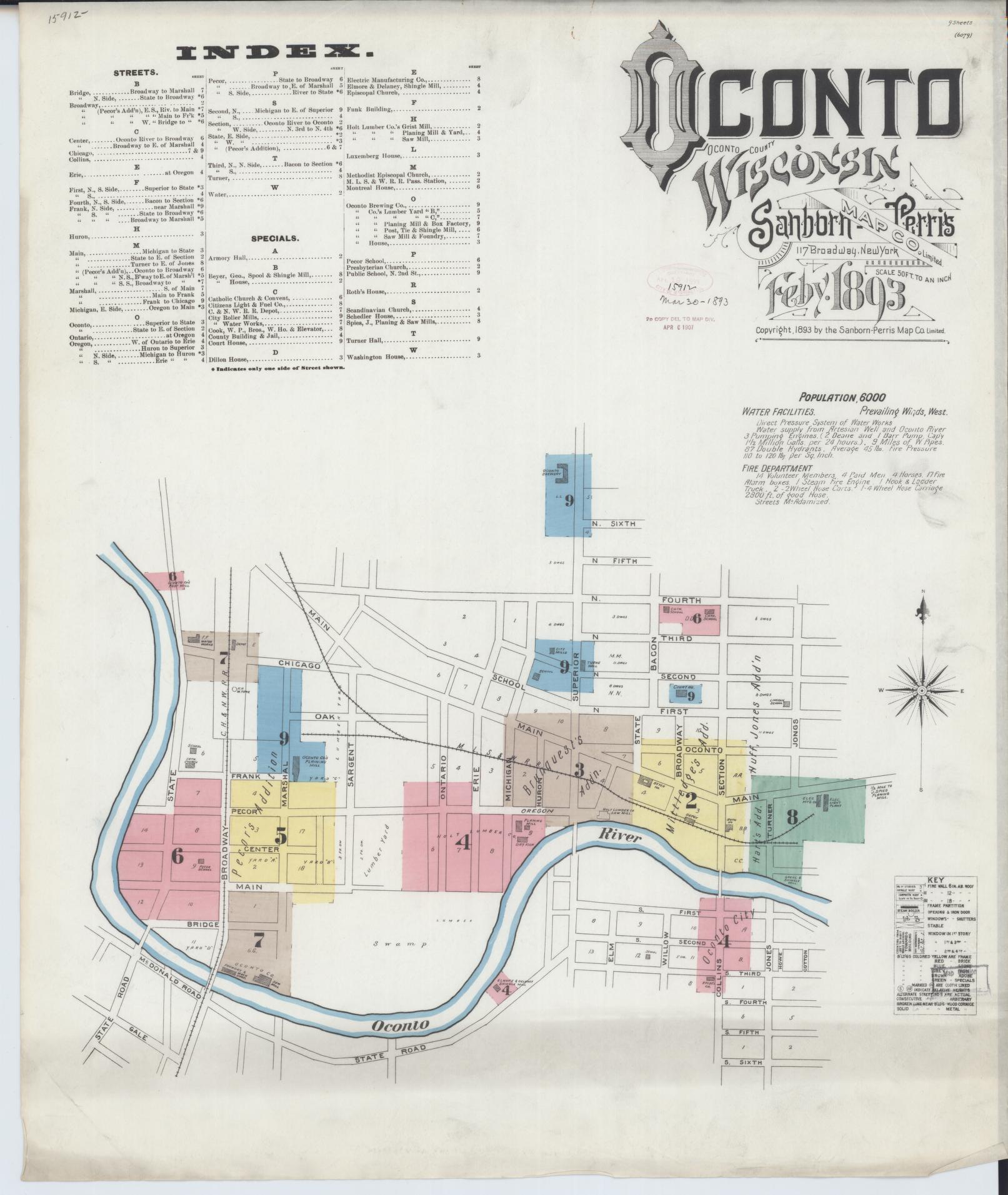 Sanborn Fire Insurance Map from Oconto, Oconto County, Wisconsin (1893), Sheet #0001 - Historic Sanborn Fire Insurance Map Print, vintage old map wall art, antique decor, genealogy gift, Wisconsin Wisconsin map