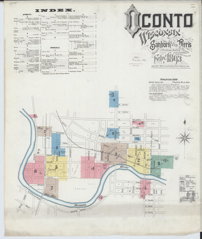 Sanborn Fire Insurance Map from Oconto, Oconto County, Wisconsin (1893), Sheet #0001 - Historic Sanborn Fire Insurance Map Print, vintage old map wall art, antique decor, genealogy gift, Wisconsin Wisconsin map
