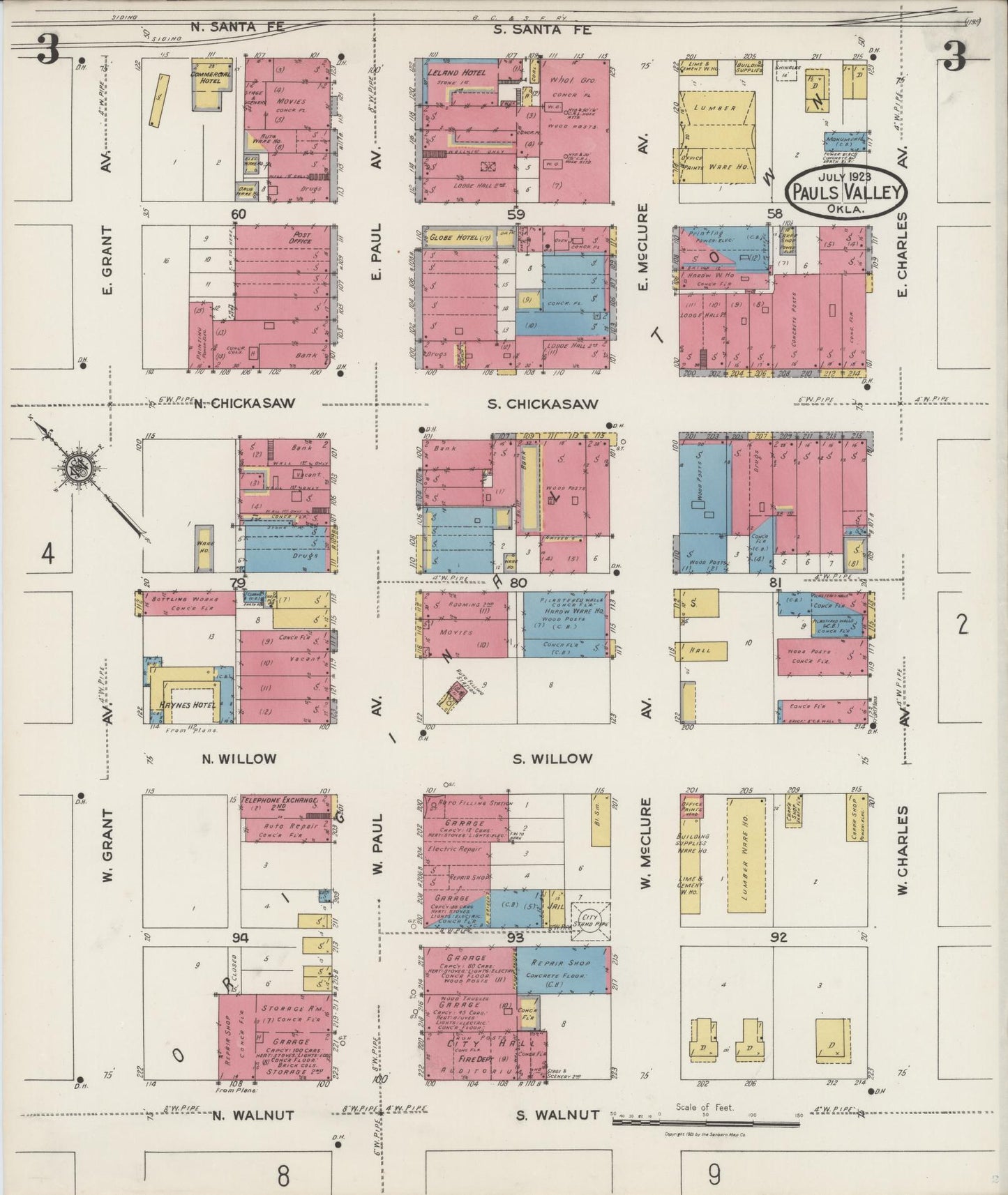 Sanborn Fire Insurance Map from Pauls Valley, Garvin County, Oklahoma (1923), Sheet #0003 - Complete Map Set gallery image, historic Sanborn map, vintage wall art, Oklahoma Oklahoma