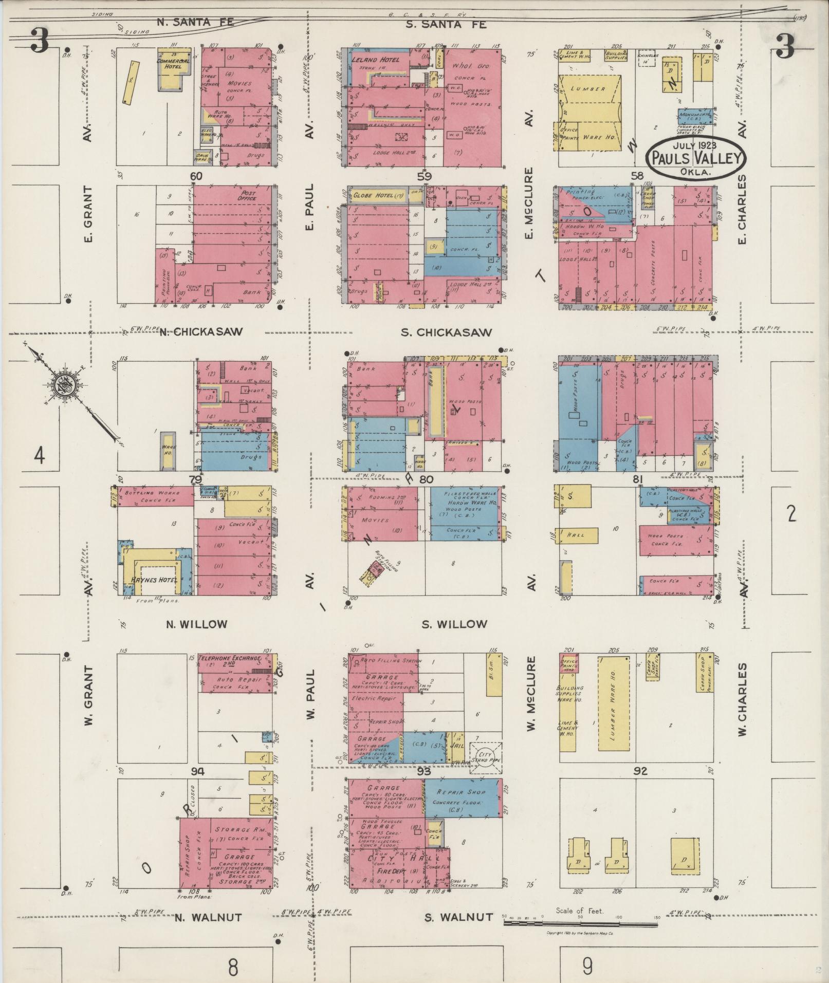 Sanborn Fire Insurance Map from Pauls Valley, Garvin County, Oklahoma (1923), Sheet #0003 - Complete Map Set gallery image, historic Sanborn map, vintage wall art, Oklahoma Oklahoma