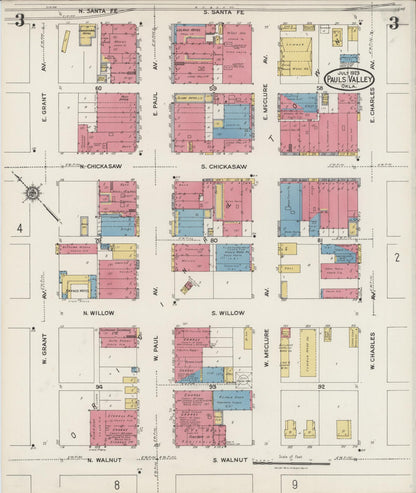 Sanborn Fire Insurance Map from Pauls Valley, Garvin County, Oklahoma (1923), Sheet #0003 - Complete Map Set gallery image, historic Sanborn map, vintage wall art, Oklahoma Oklahoma