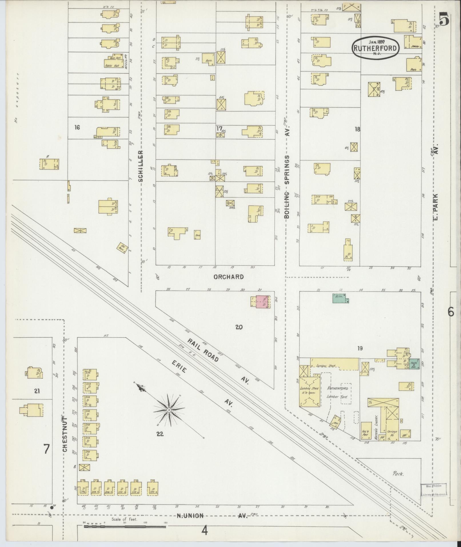 Sanborn Fire Insurance Map from Rutherford, Bergen County, New Jersey (1897), Sheet #0005 - Complete Map Set gallery image, historic Sanborn map, vintage wall art, New Jersey New Jersey
