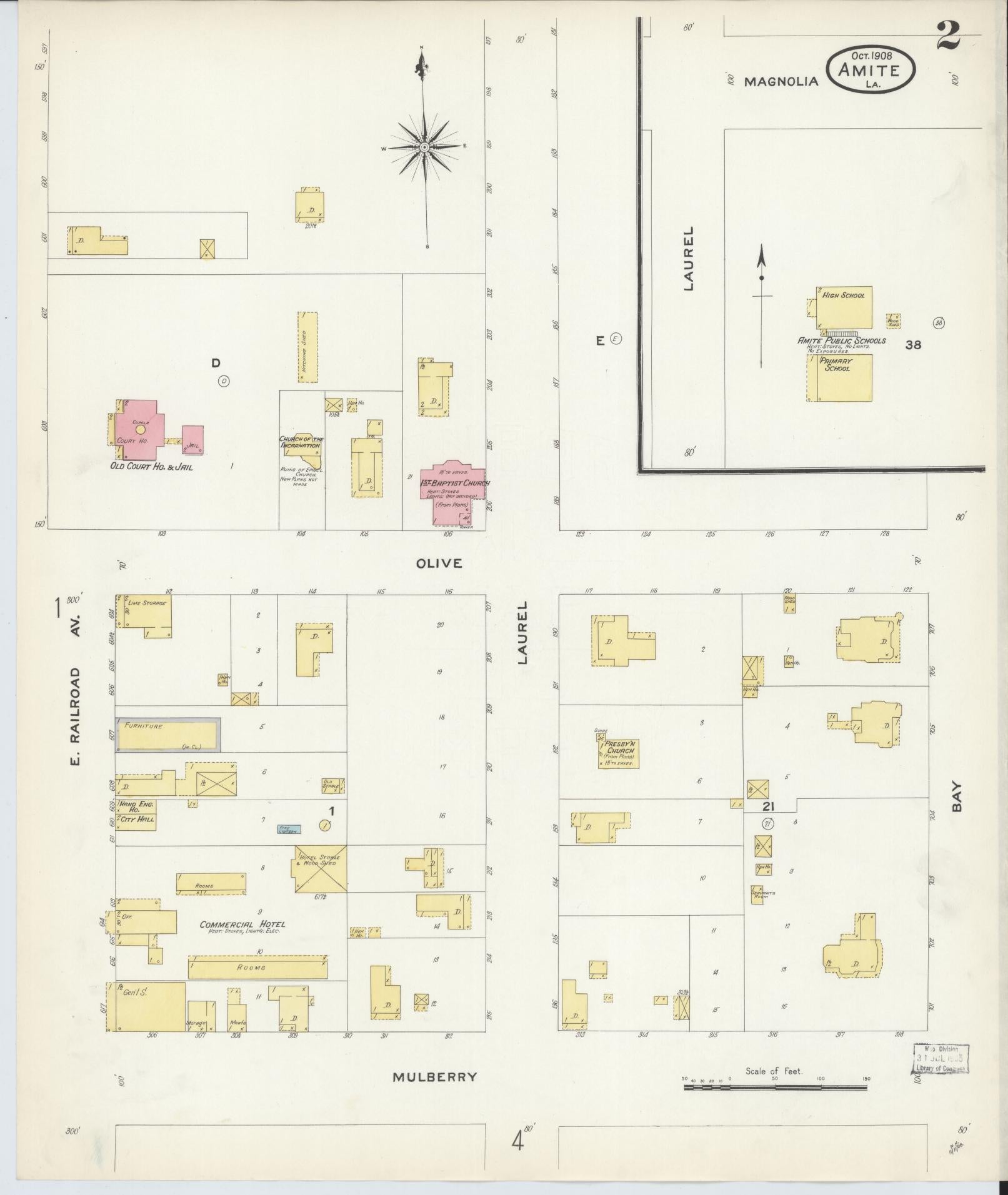 Sanborn Fire Insurance Map from Amite, Tangipahoa Parish, Louisiana (1908), Sheet #0002 - Historic Sanborn Fire Insurance Map Print, vintage old map wall art, antique decor, genealogy gift, Louisiana Louisiana map