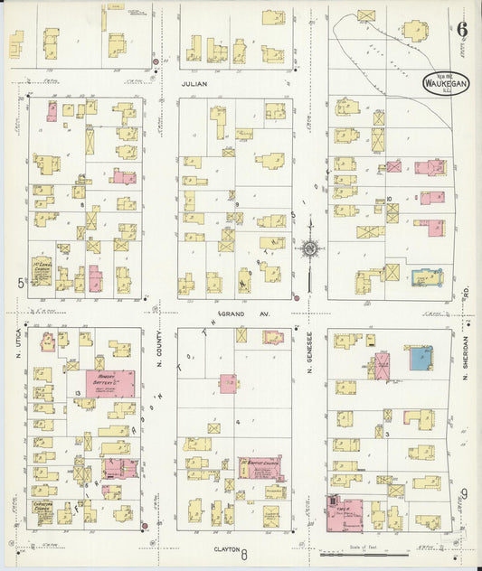 Sanborn Fire Insurance Map from Waukegan, Lake County, Illinois (1912), Sheet #0006 - Historic Sanborn Fire Insurance Map Print, vintage old map wall art, antique decor, genealogy gift, Illinois Illinois map