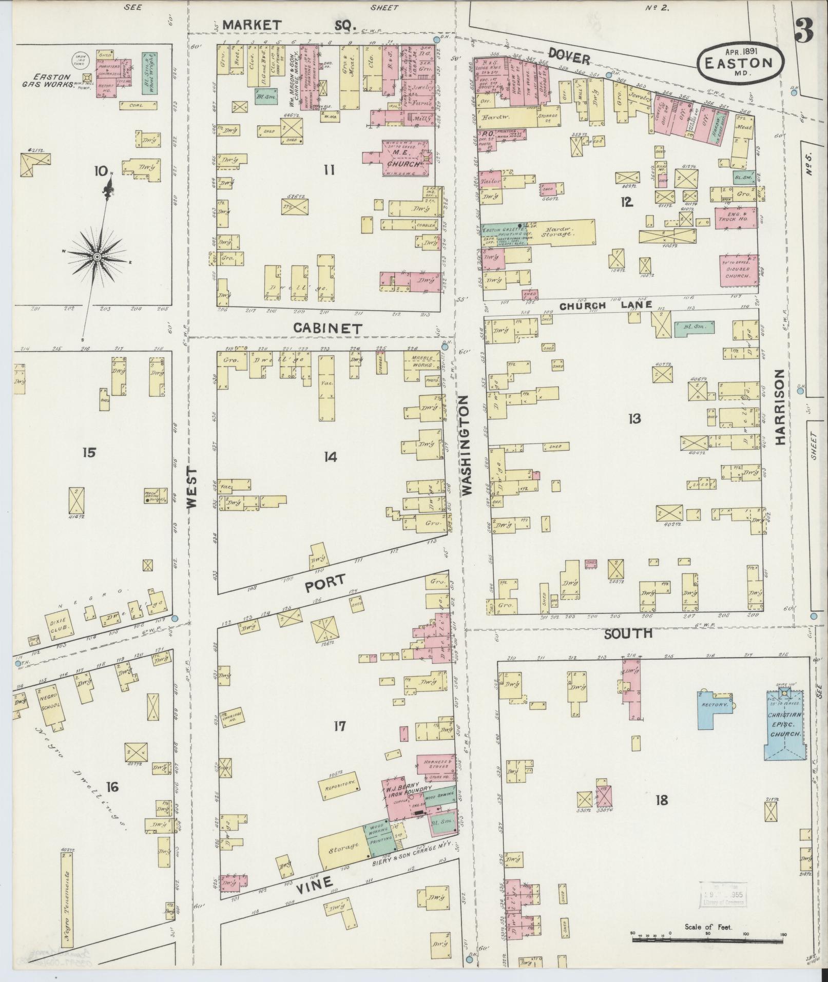 Sanborn Fire Insurance Map from Easton, Talbot County, Maryland (1891), Sheet #0003 - Historic Sanborn Fire Insurance Map Print, vintage old map wall art