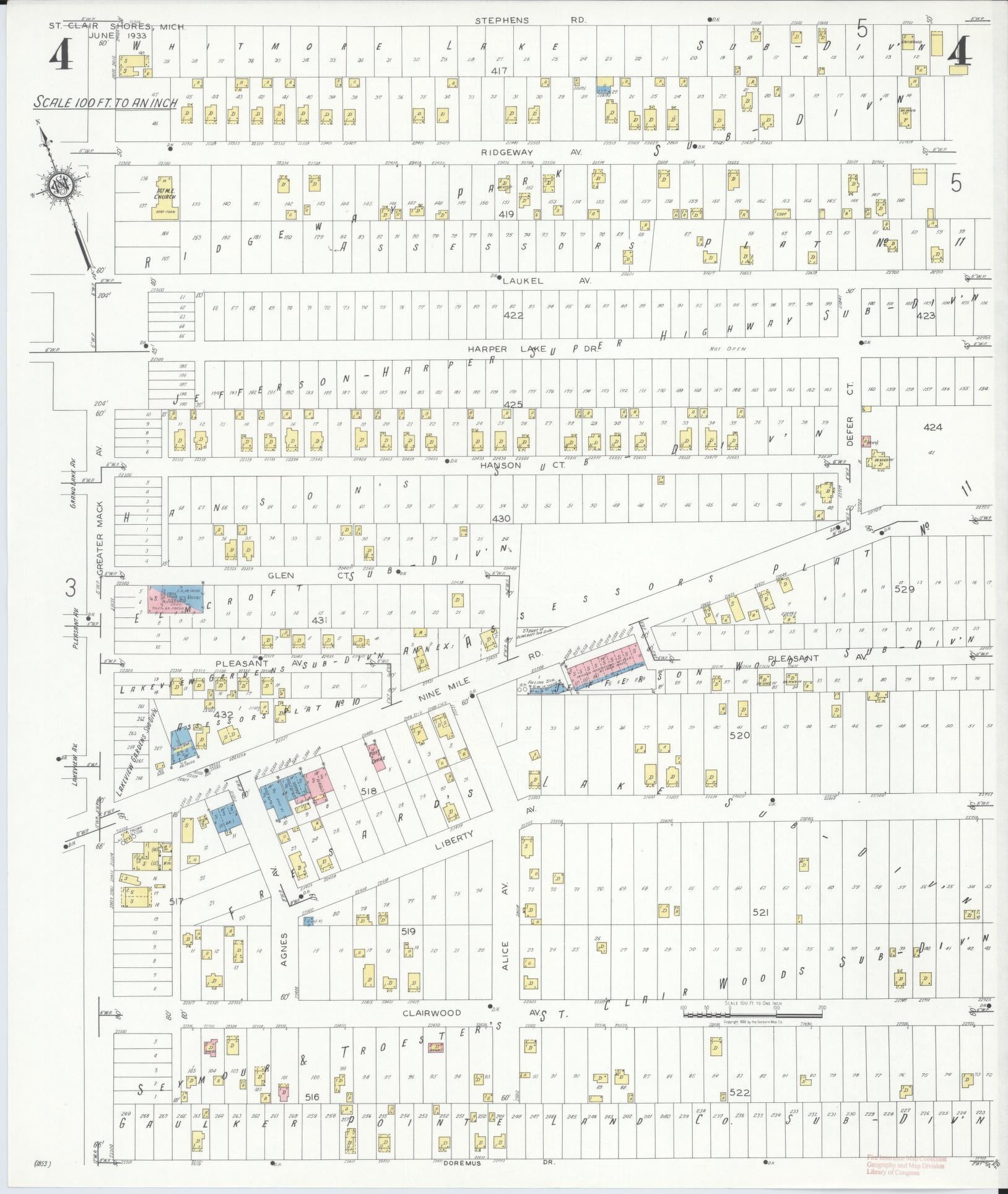 Sanborn Fire Insurance Map from Saint Clair Shores, Macomb County, Michigan (1933), Sheet #0004 - Complete Map Set gallery image, historic Sanborn map, vintage wall art, Michigan Michigan