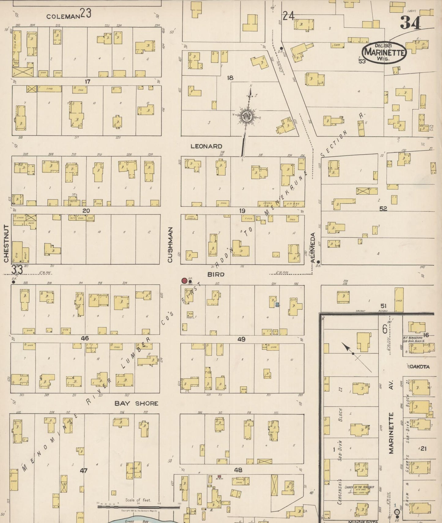 Sanborn Fire Insurance Map from Marinette, Marinette County, Wisconsin (1921), Sheet #0034 - Historic Sanborn Fire Insurance Map Print, vintage old map wall art, antique decor, genealogy gift, Wisconsin Wisconsin map