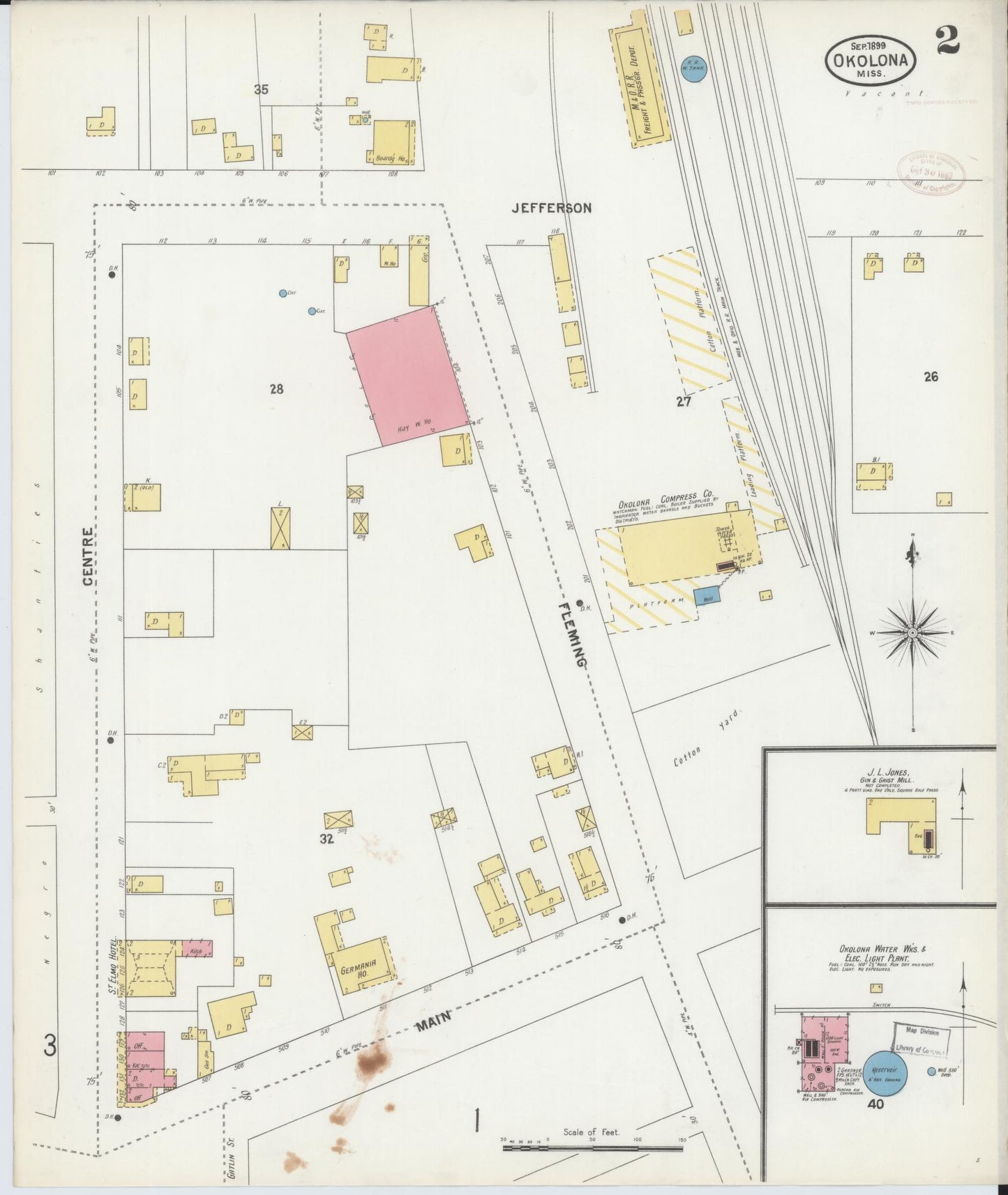 Sanborn Fire Insurance Map from Okolona, Chickasaw County, Mississippi (1899), Sheet #0002 - Complete Map Set gallery image, historic Sanborn map, vintage wall art, Mississippi Mississippi