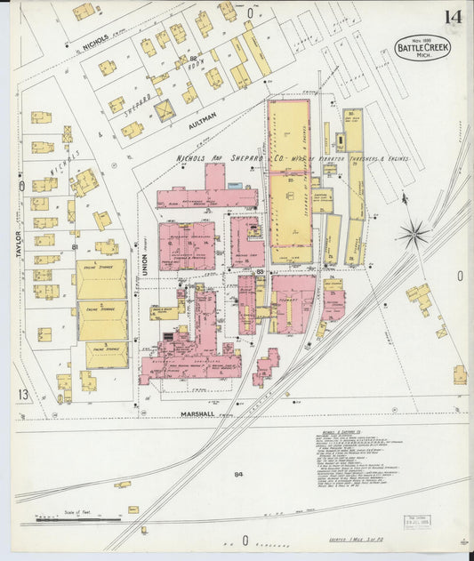 Sanborn Fire Insurance Map from Battle Creek, Calhoun County, Michigan (1899), Sheet #0014 - Historic Sanborn Fire Insurance Map Print, vintage old map wall art, antique decor, genealogy gift, Michigan Michigan map