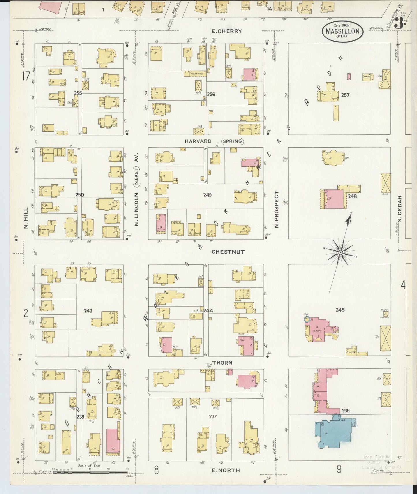 Sanborn Fire Insurance Map from Massillon, Stark County, Ohio (1908), Sheet #0003 - Historic Sanborn Fire Insurance Map Print, vintage old map wall art, antique decor, genealogy gift, Ohio Ohio map