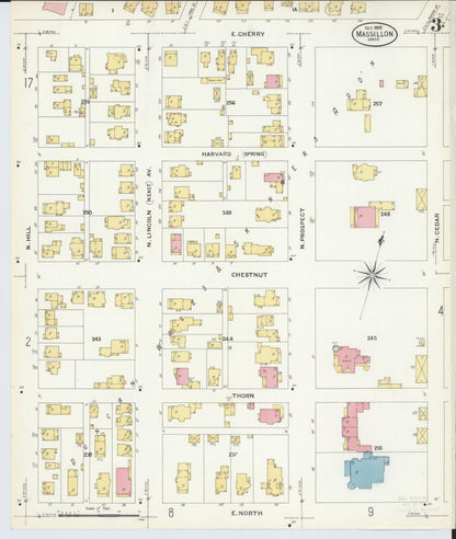 Sanborn Fire Insurance Map from Massillon, Stark County, Ohio (1908), Sheet #0003 - Historic Sanborn Fire Insurance Map Print, vintage old map wall art, antique decor, genealogy gift, Ohio Ohio map