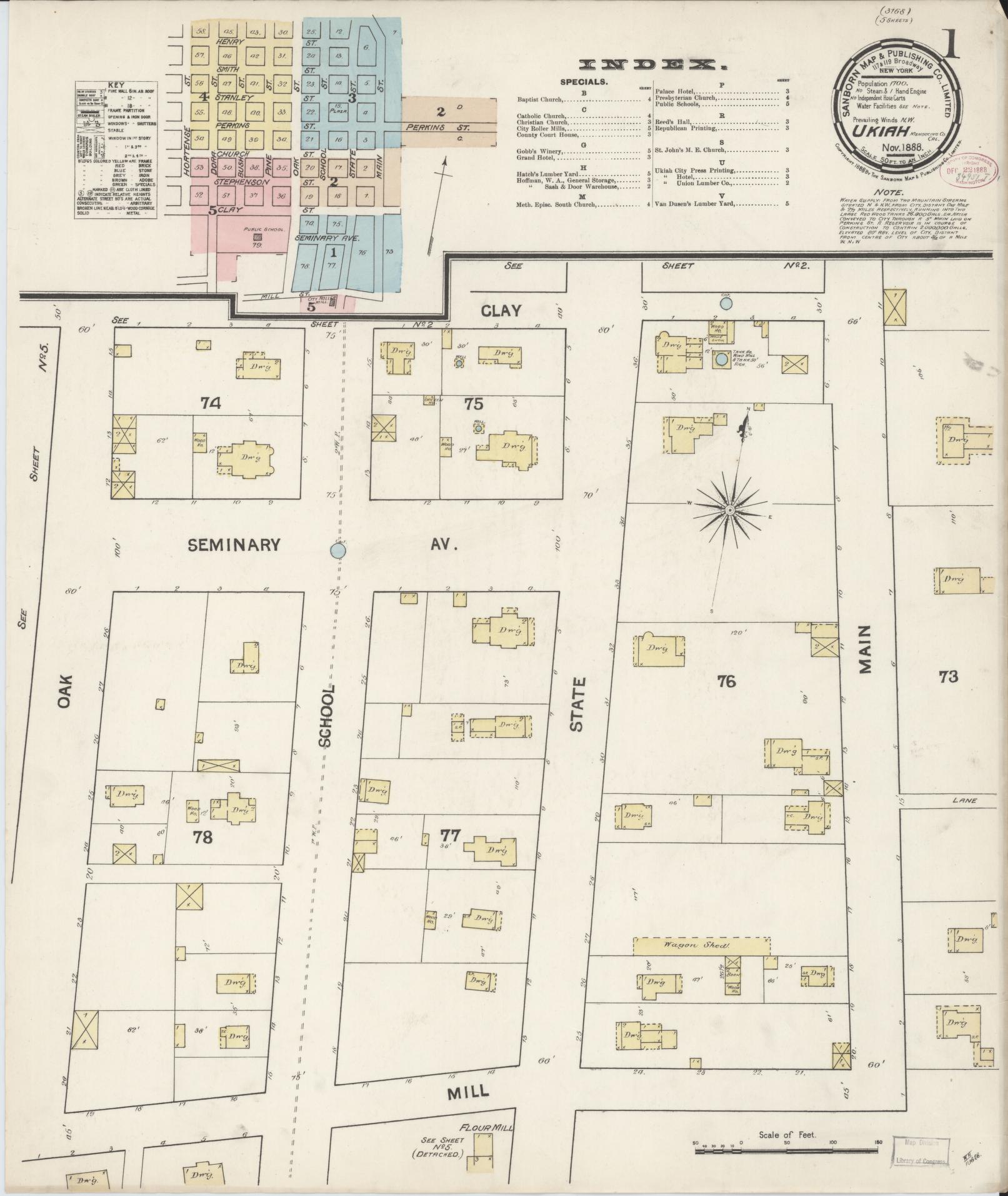 Sanborn Fire Insurance Map from Ukiah, Mendocino County, California (1888), Sheet #0001 - Complete Map Set gallery image, historic Sanborn map, vintage wall art, California California