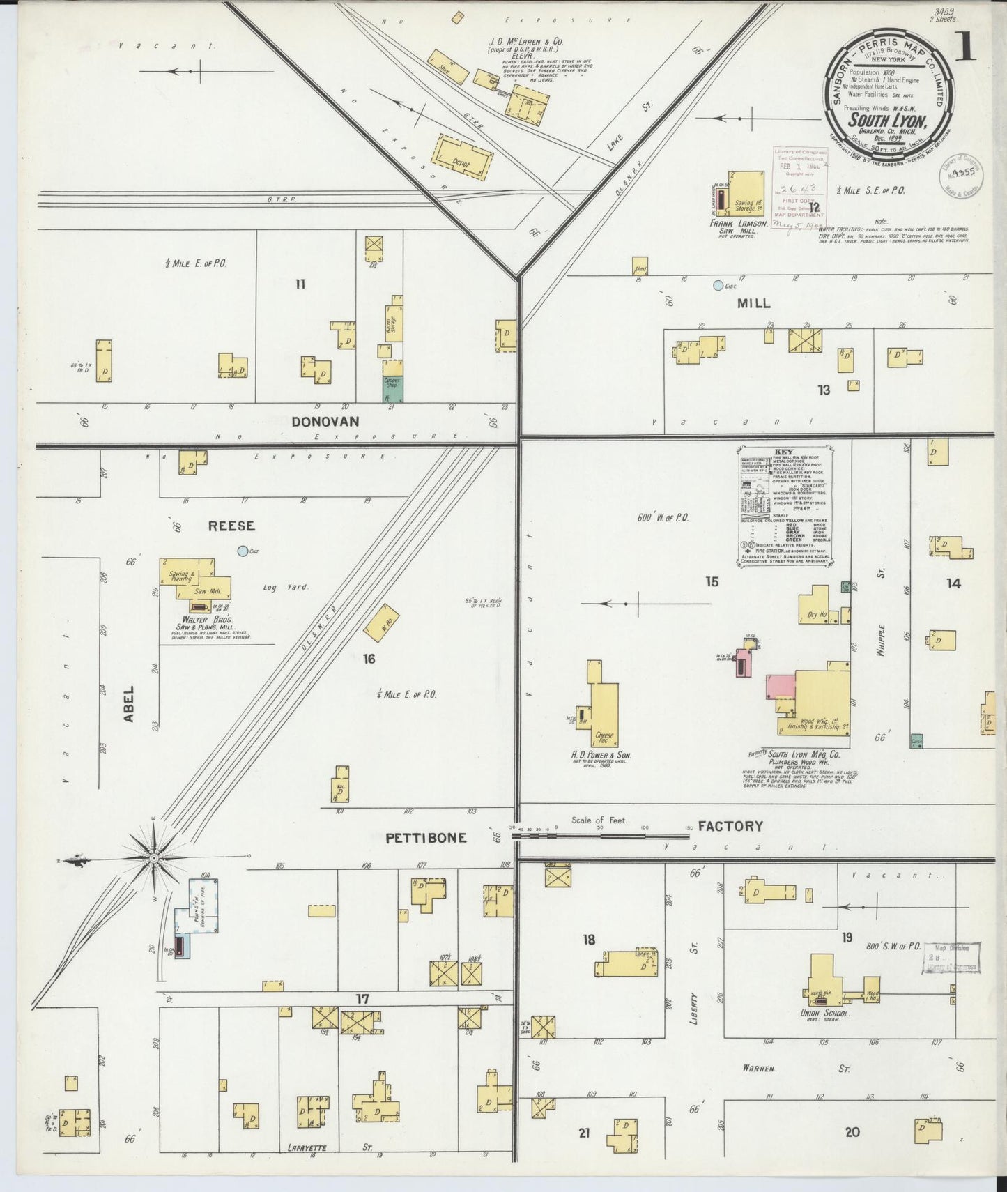 Sanborn Fire Insurance Map from South Lyon, Oakland County, Michigan (1899), Sheet #0001 - Historic Sanborn Fire Insurance Map Print, vintage old map wall art, antique decor, genealogy gift, Michigan Michigan map