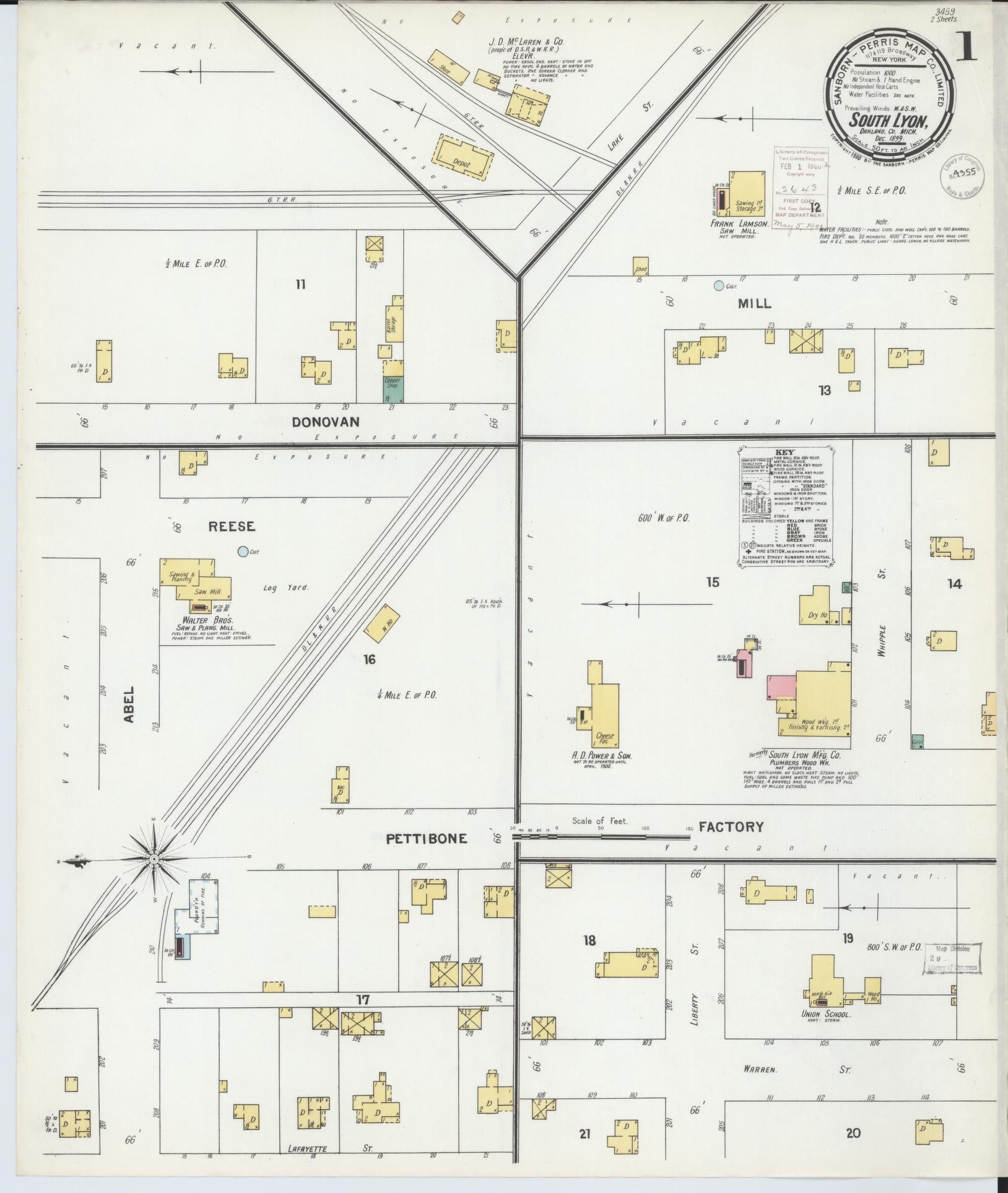 Sanborn Fire Insurance Map from South Lyon, Oakland County, Michigan (1899), Sheet #0001 - Historic Sanborn Fire Insurance Map Print, vintage old map wall art, antique decor, genealogy gift, Michigan Michigan map