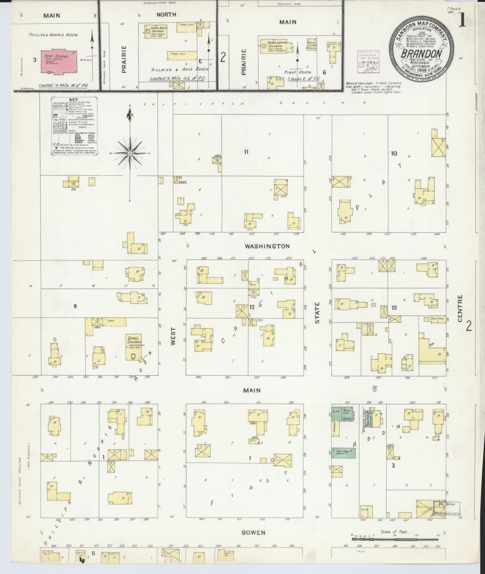 Sanborn Fire Insurance Map from Brandon, Fond du Lac County, Wisconsin (1908), Sheet #0001 - Historic Sanborn Fire Insurance Map Print, vintage old map wall art, antique decor, genealogy gift, Wisconsin Wisconsin map