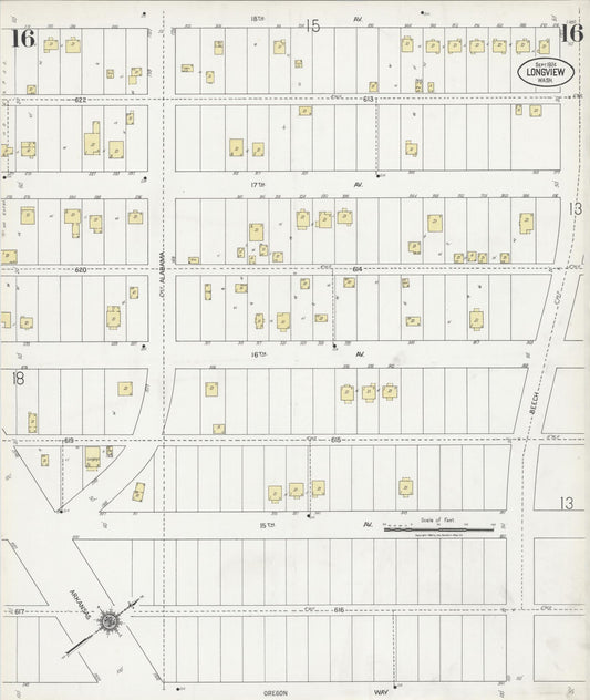 Sanborn Fire Insurance Map from Longview, Cowlitz County, Washington (1924), Sheet #0016 - Historic Sanborn Fire Insurance Map Print, vintage old map wall art, antique decor, genealogy gift, Washington Washington map