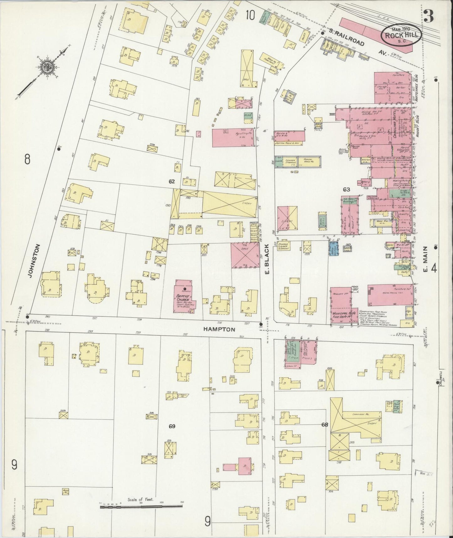 Sanborn Fire Insurance Map from Rock Hill, York County, South Carolina (1910), Sheet #0003 - Historic Sanborn Fire Insurance Map Print, vintage old map wall art, antique decor, genealogy gift, South Carolina South Carolina map