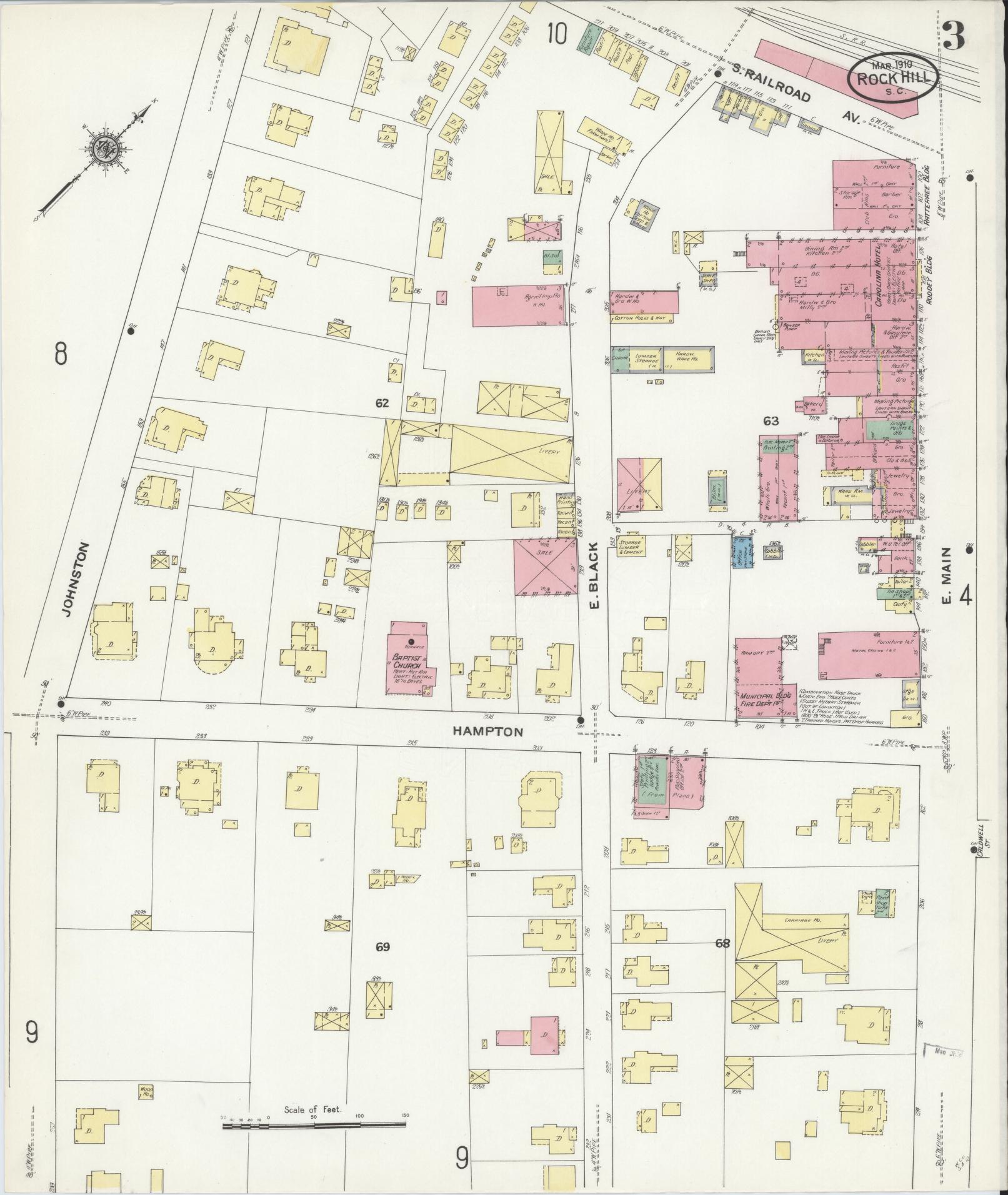 Sanborn Fire Insurance Map from Rock Hill, York County, South Carolina (1910), Sheet #0003 - Historic Sanborn Fire Insurance Map Print, vintage old map wall art, antique decor, genealogy gift, South Carolina South Carolina map