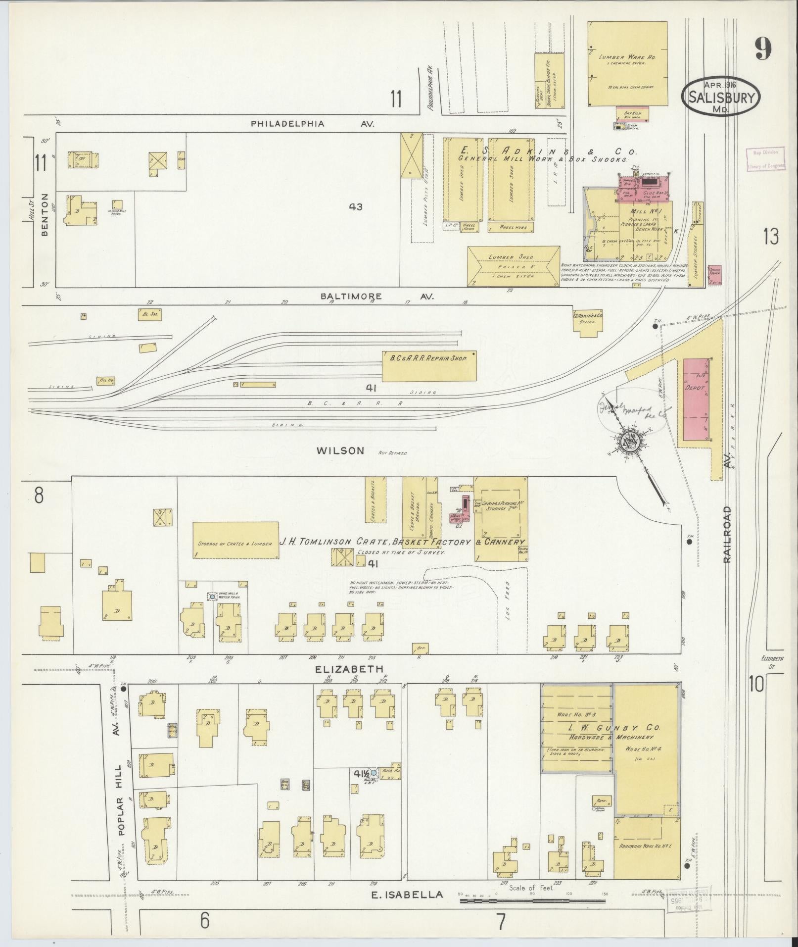 Sanborn Fire Insurance Map from Salisbury, Wicomico County, Maryland (1916), Sheet #0009 - Historic Sanborn Fire Insurance Map Print, vintage old map wall art, antique decor, genealogy gift, Maryland Maryland map