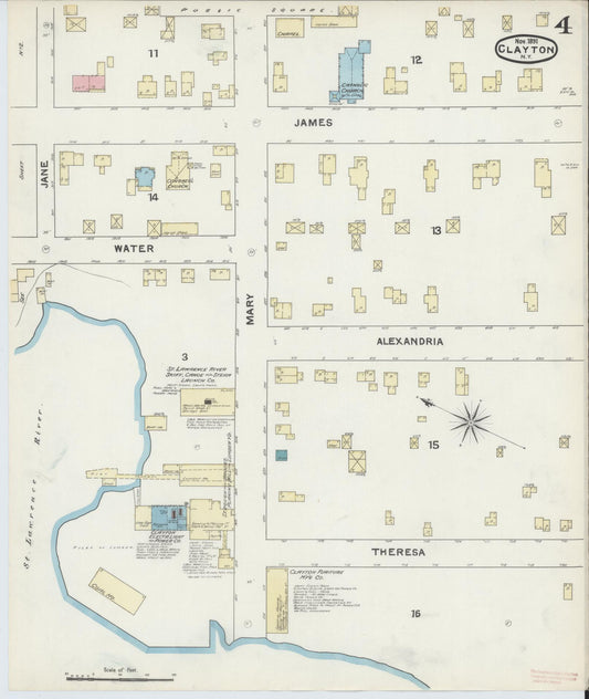 Sanborn Fire Insurance Map from Clayton, Jefferson County, New York (1891), Sheet #0004 - Historic Sanborn Fire Insurance Map Print, vintage old map wall art, antique decor, genealogy gift, New York New York map