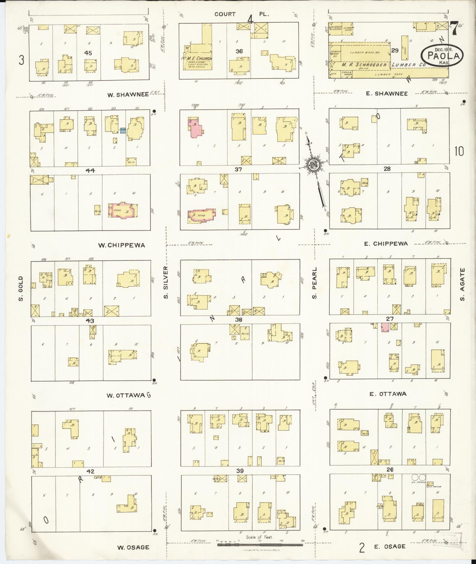 Sanborn Fire Insurance Map from Paola, Miami County, Kansas (1916), Sheet #0007 - Historic Sanborn Fire Insurance Map Print, vintage old map wall art, antique decor, genealogy gift, Kansas Kansas map