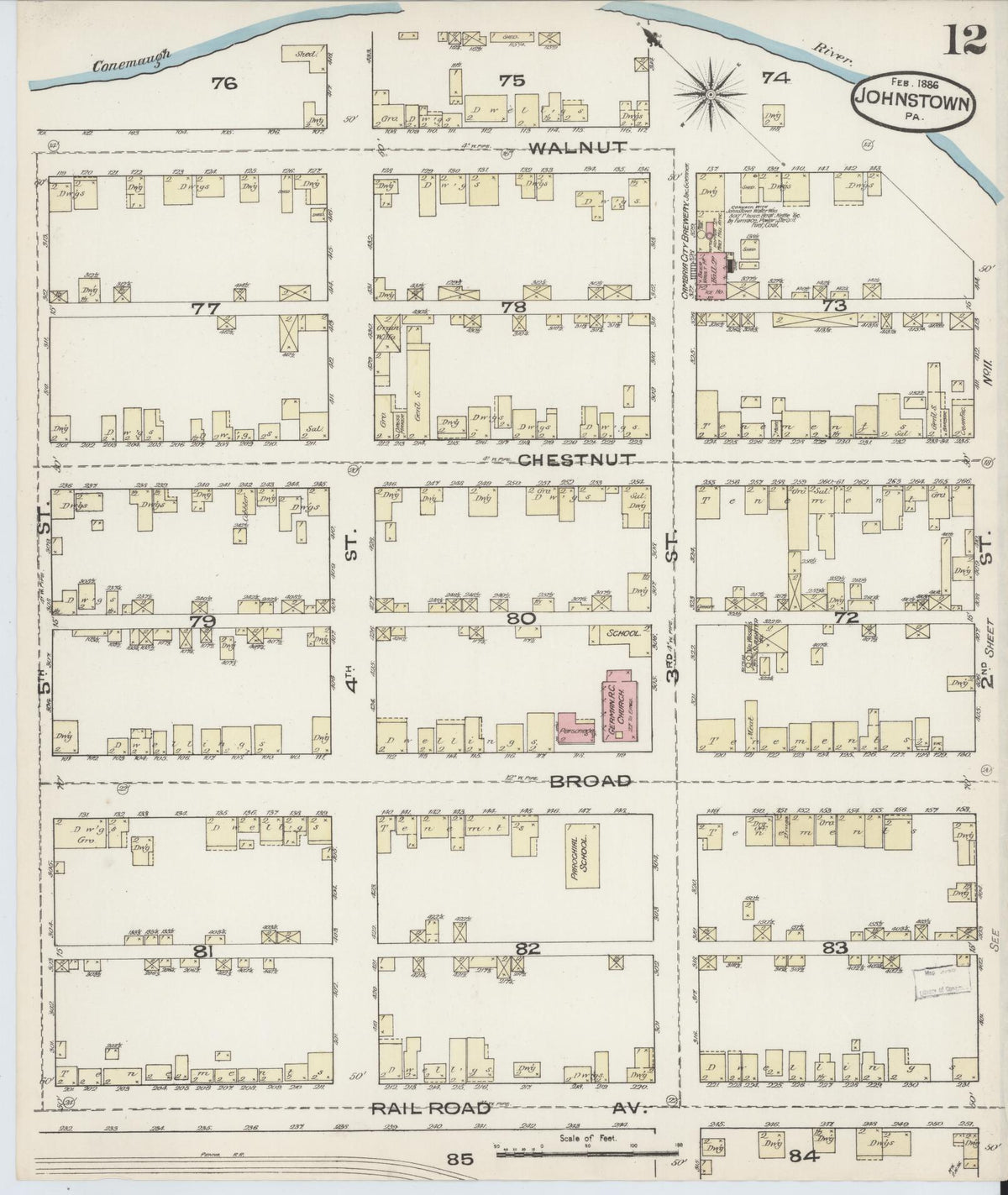 Sanborn Fire Insurance Map from Johnstown, Cambria County, Pennsylvania (1886), Sheet #0012 - Historic Sanborn Fire Insurance Map Print, vintage old map wall art, antique decor, genealogy gift, Pennsylvania Pennsylvania map