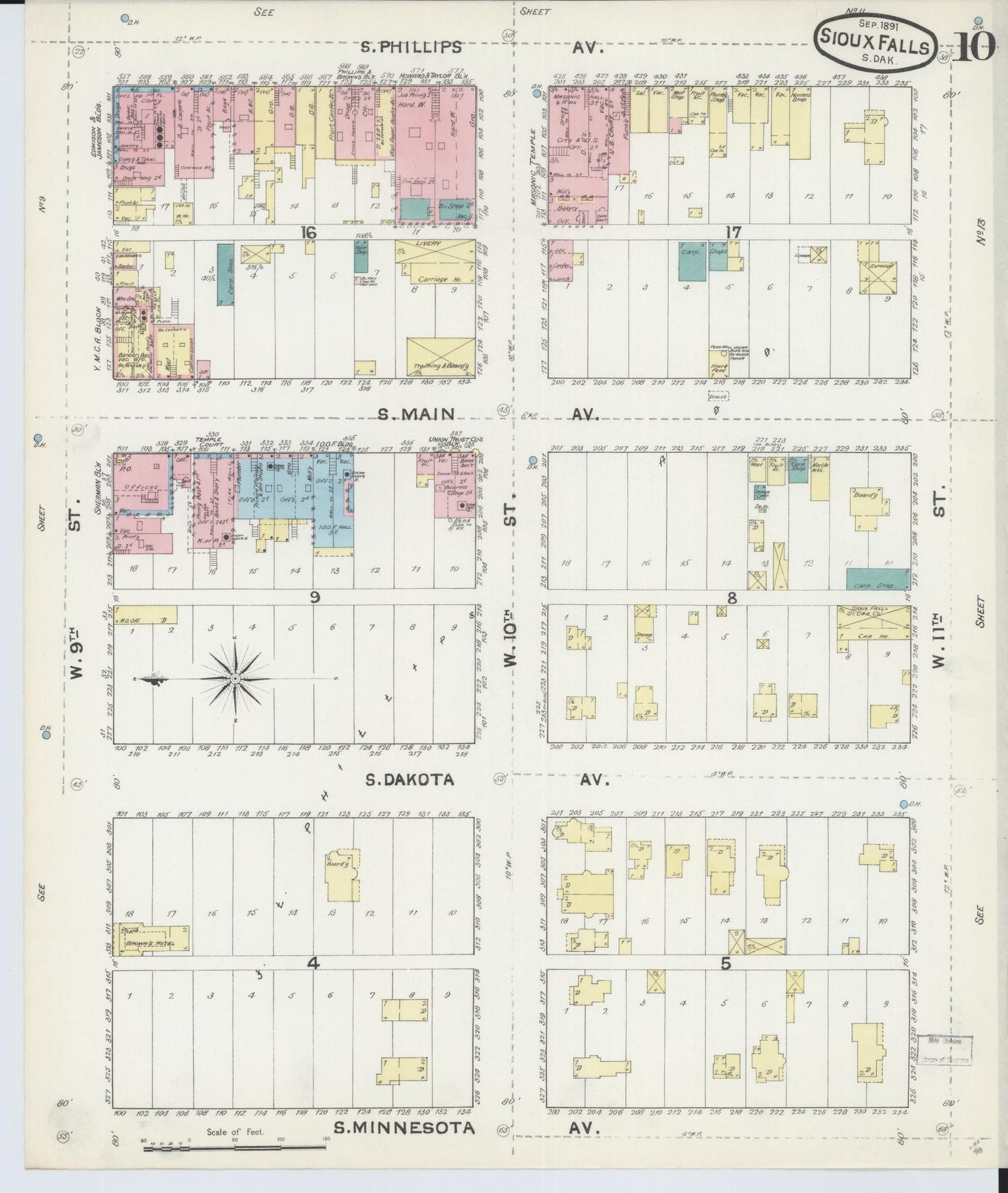 Sanborn Fire Insurance Map from Sioux Falls, Minnehaha County, South Dakota (1891), Sheet #0010 - Historic Sanborn Fire Insurance Map Print, vintage old map wall art, antique decor, genealogy gift, South Dakota South Dakota map