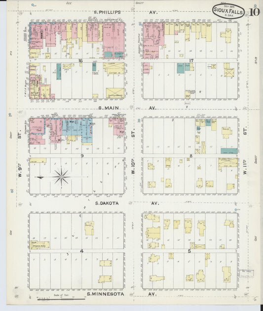 Sanborn Fire Insurance Map from Sioux Falls, Minnehaha County, South Dakota (1891), Sheet #0010 - Historic Sanborn Fire Insurance Map Print, vintage old map wall art, antique decor, genealogy gift, South Dakota South Dakota map