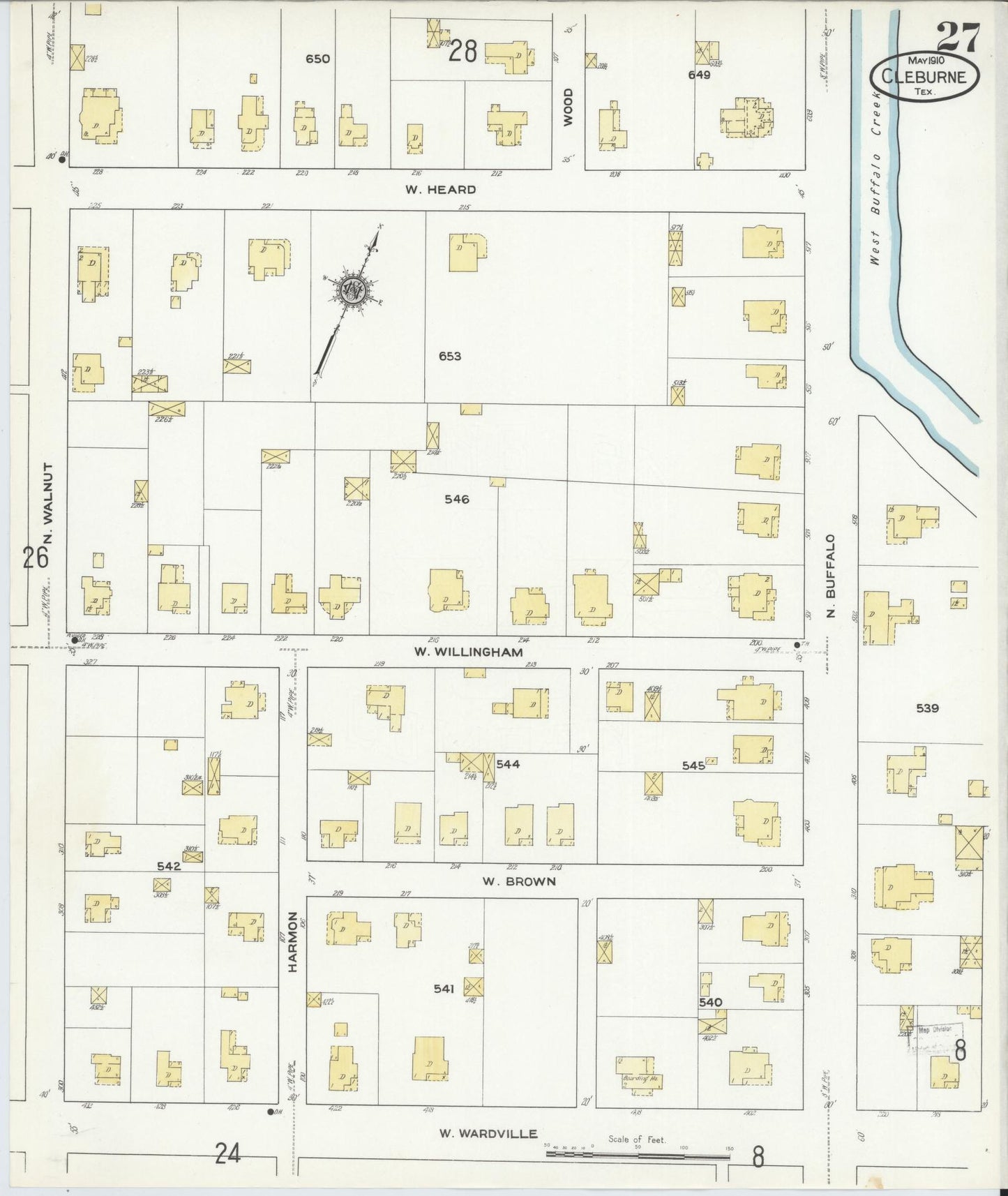 Sanborn Fire Insurance Map from Cleburne, Johnson County, Texas (1910), Sheet #0027 - Historic Sanborn Fire Insurance Map Print, vintage old map wall art, antique decor, genealogy gift, Texas Texas map