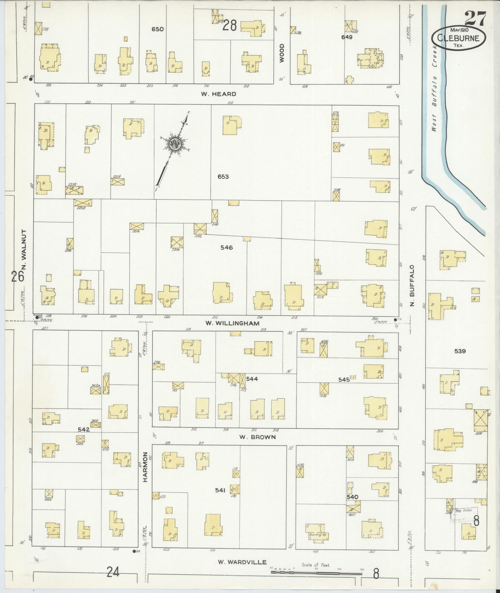 Sanborn Fire Insurance Map from Cleburne, Johnson County, Texas (1910), Sheet #0027 - Historic Sanborn Fire Insurance Map Print, vintage old map wall art, antique decor, genealogy gift, Texas Texas map