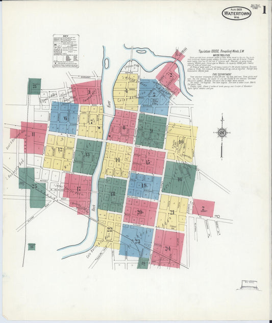 Sanborn Fire Insurance Map from Watertown, Jefferson County, Wisconsin (1909), Sheet #0001 - Historic Sanborn Fire Insurance Map Print, vintage old map wall art, antique decor, genealogy gift, Wisconsin Wisconsin map